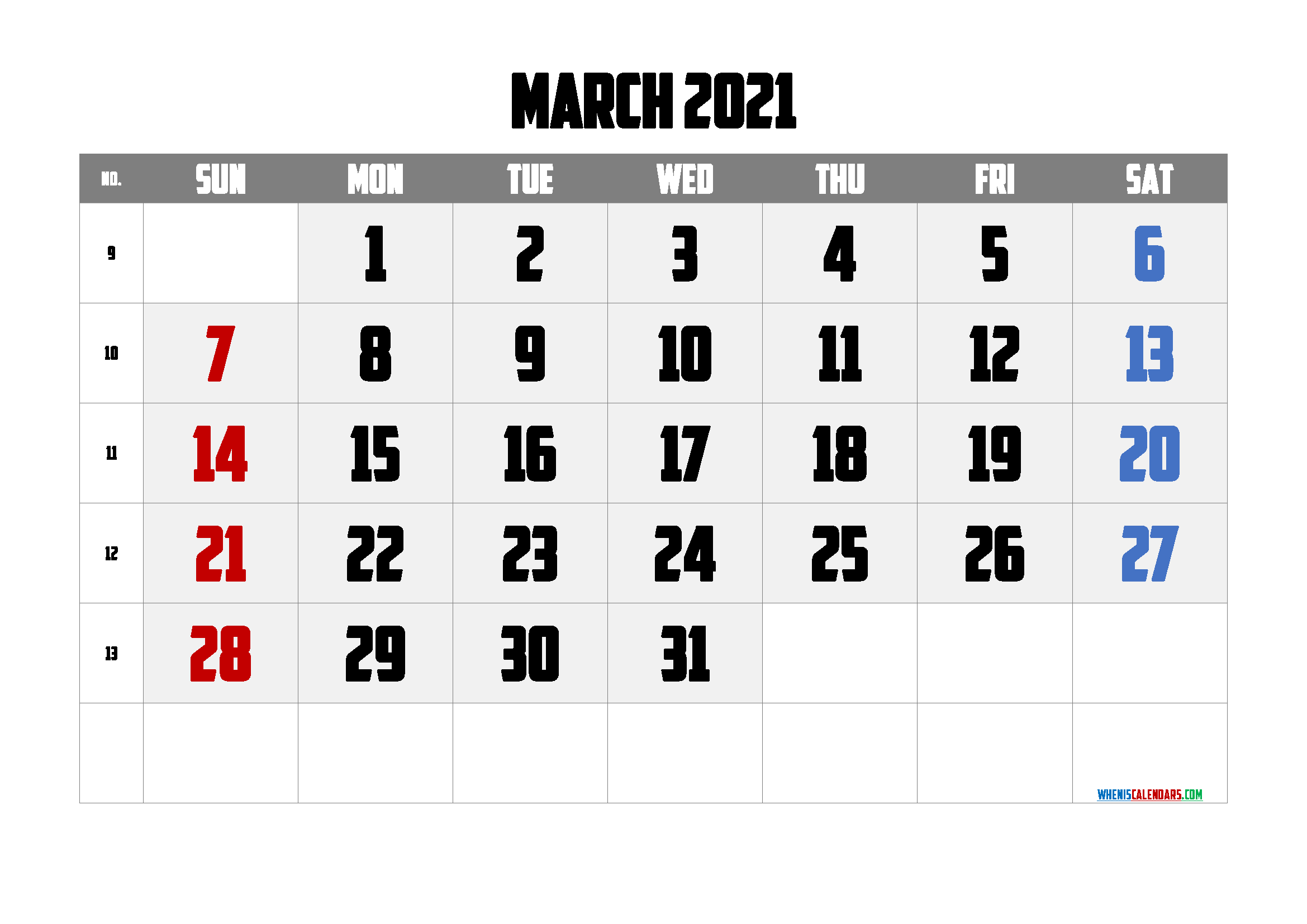 March 2021 Printable Calendar Free