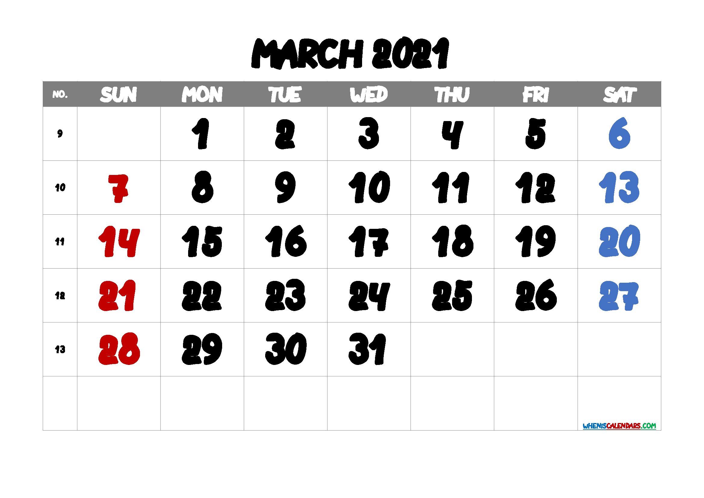 Printable Calendar March 2021 Free