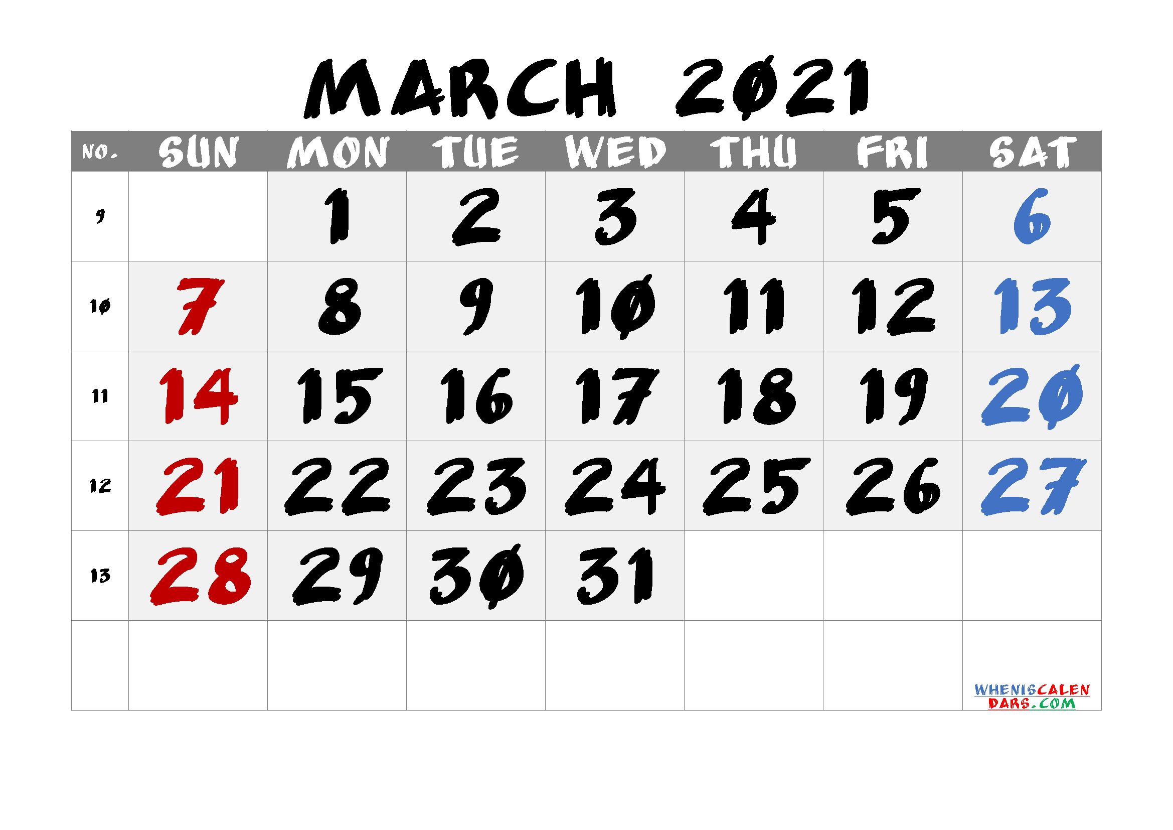 free printable march 2021 calendar with week numbers