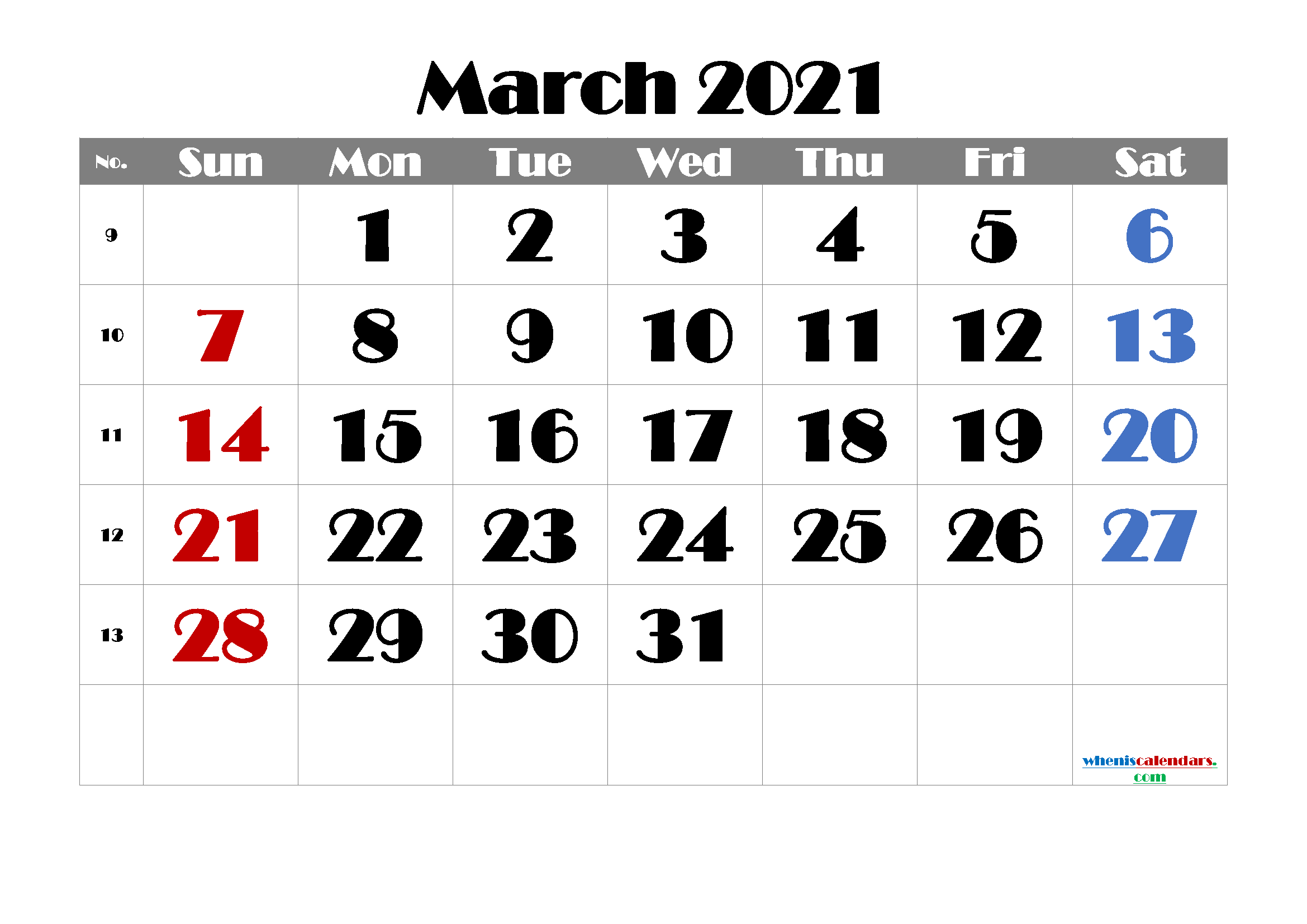 Free Printable Calendar March 2021