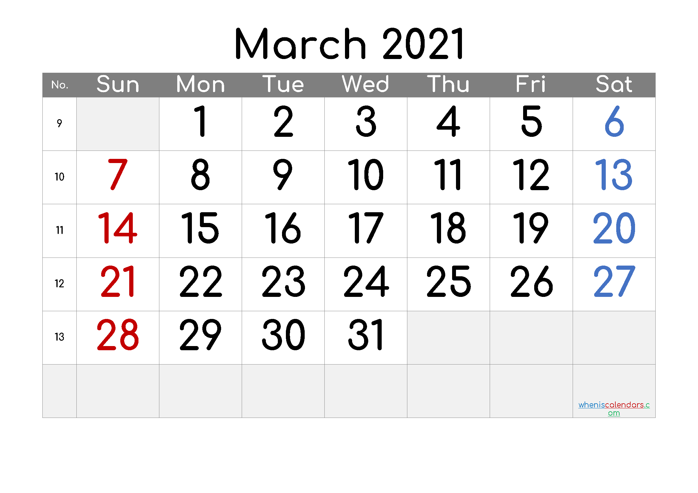 Free Printable Calendar March 2021
