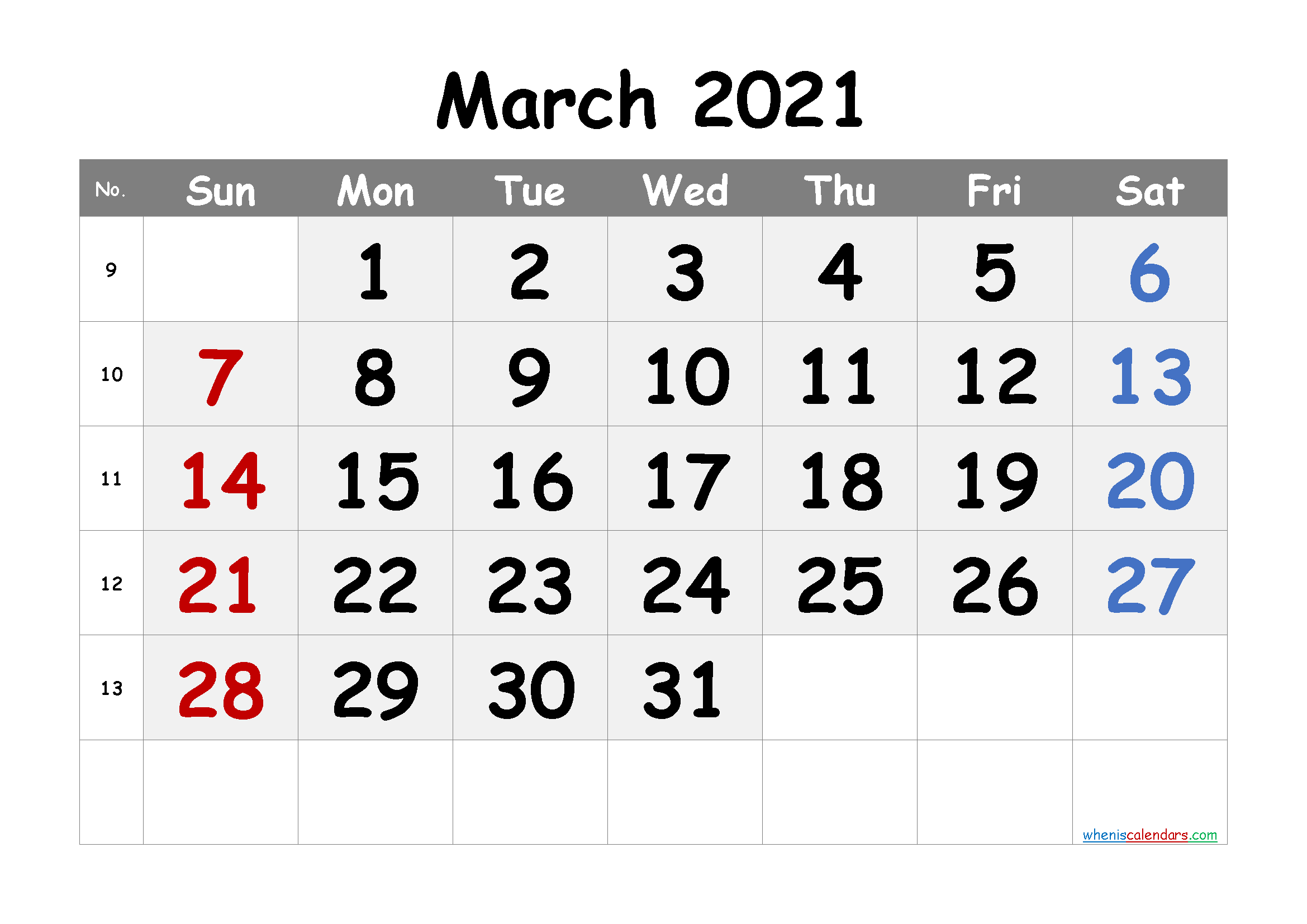 download free march 2021 printable calendar with week numbers