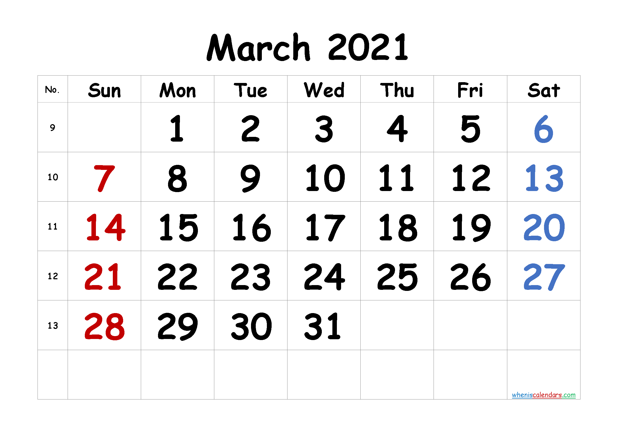 Printable Calendar for March 2021