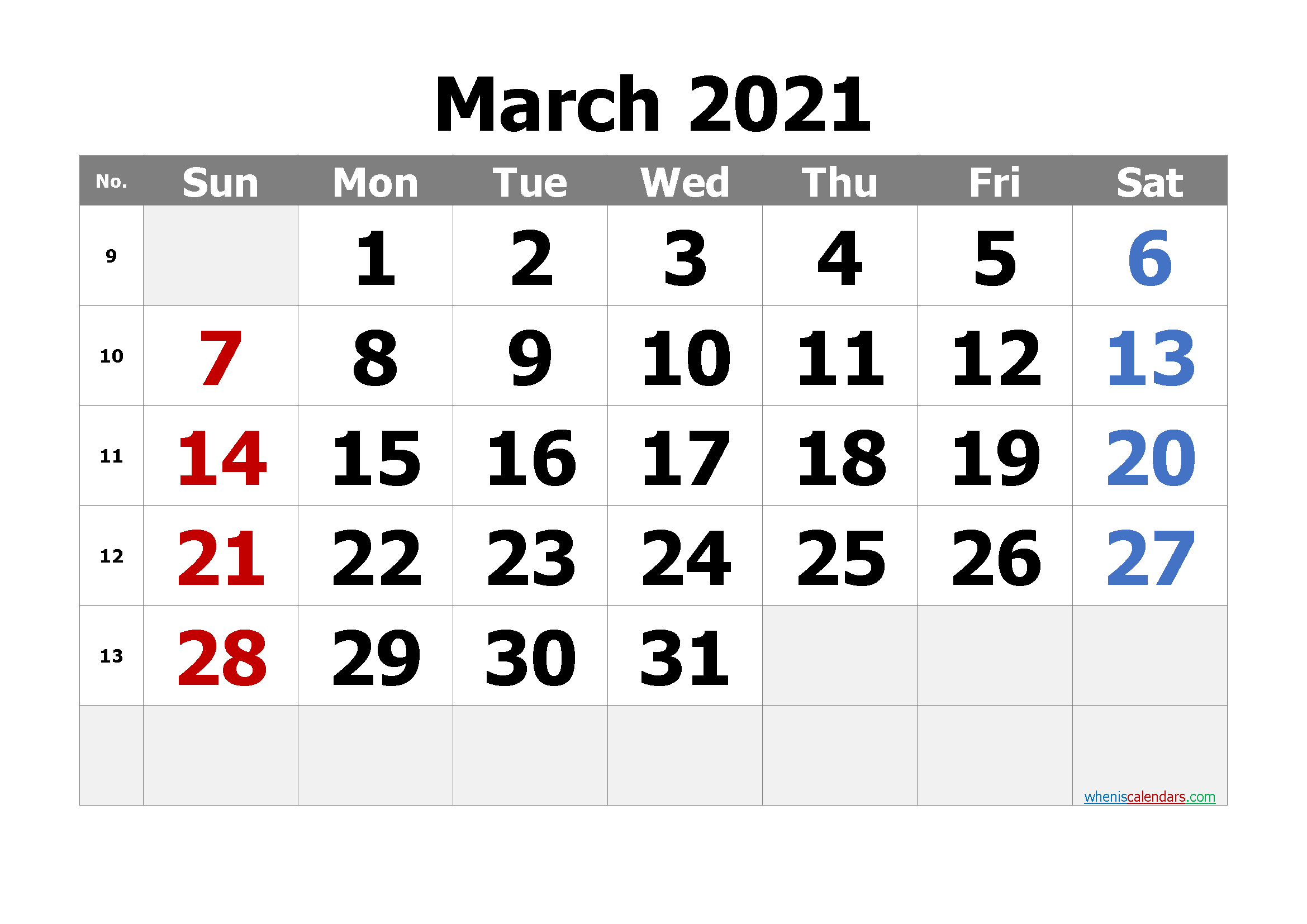 March 2021 Printable Calendar Free