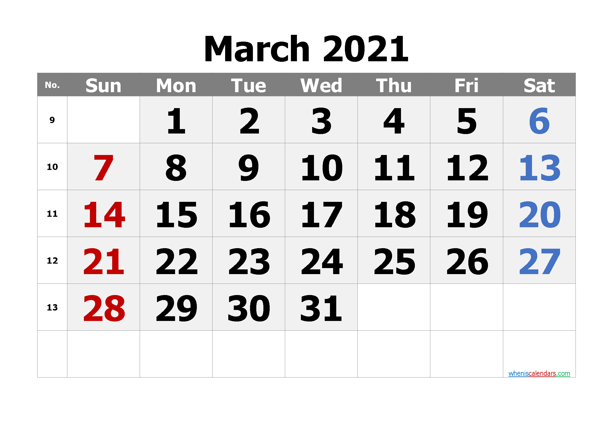 Printable March 2021 Calendar Free