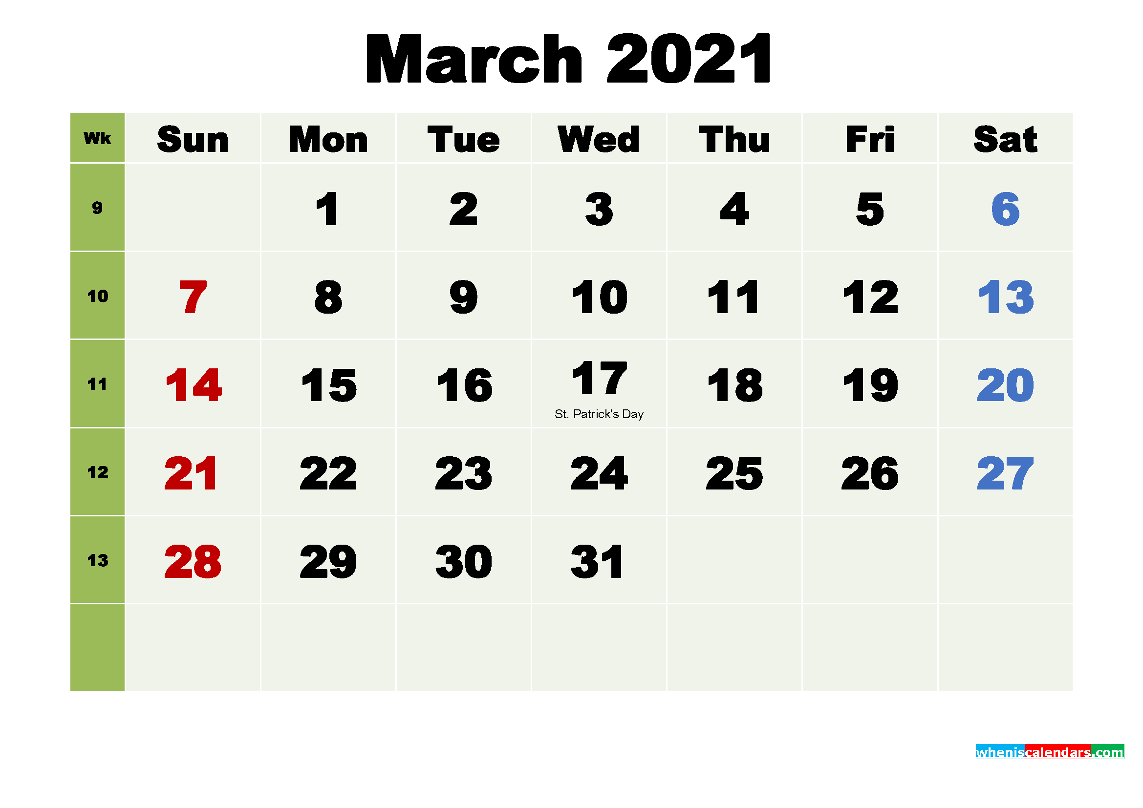 free printable march 2021 calendar with holidays