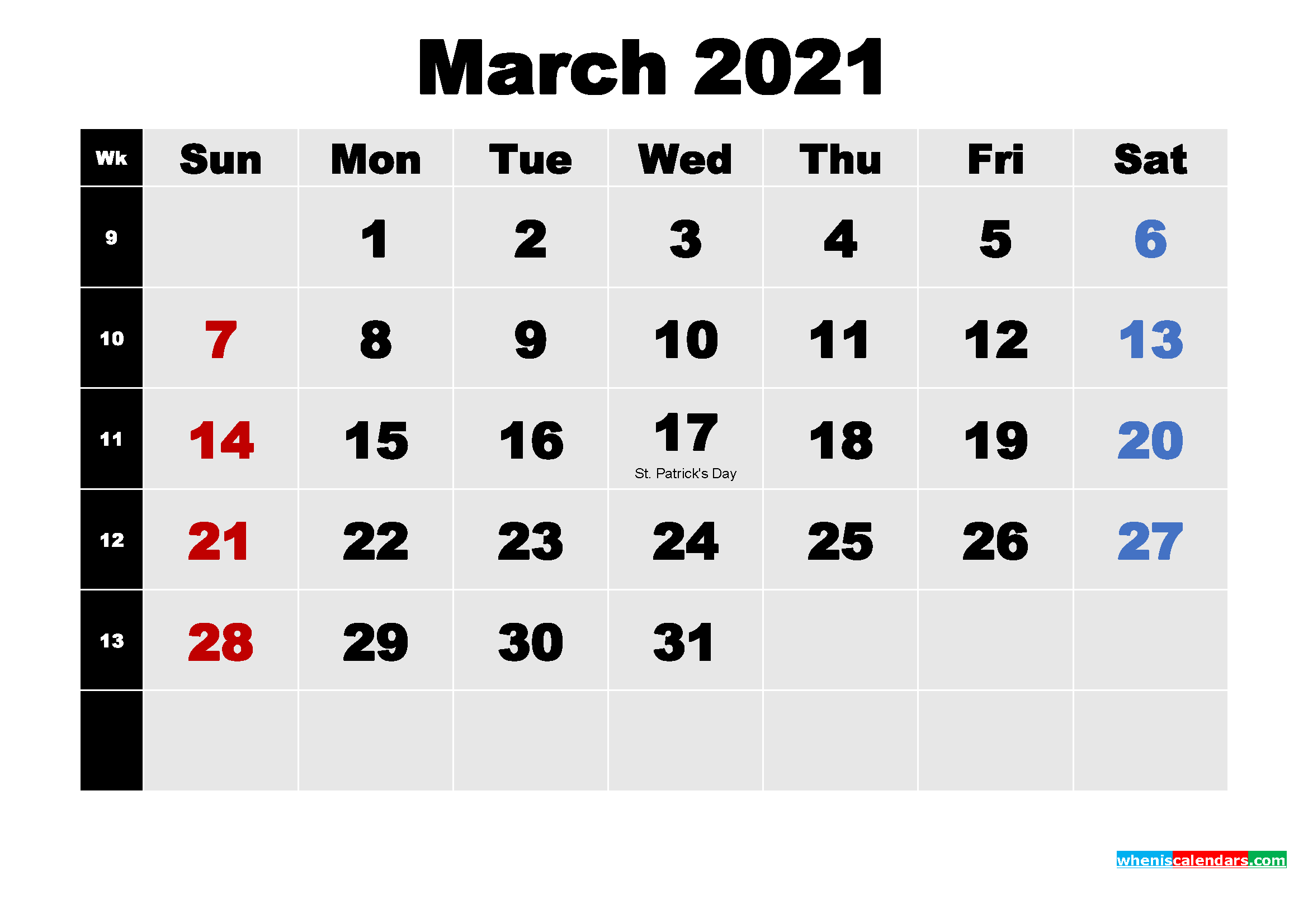 free printable march 2021 calendar with holidays
