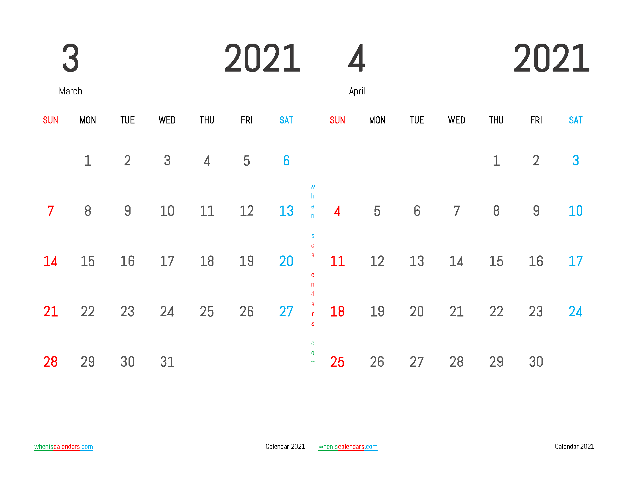 March April 2021 Calendar Printable Free