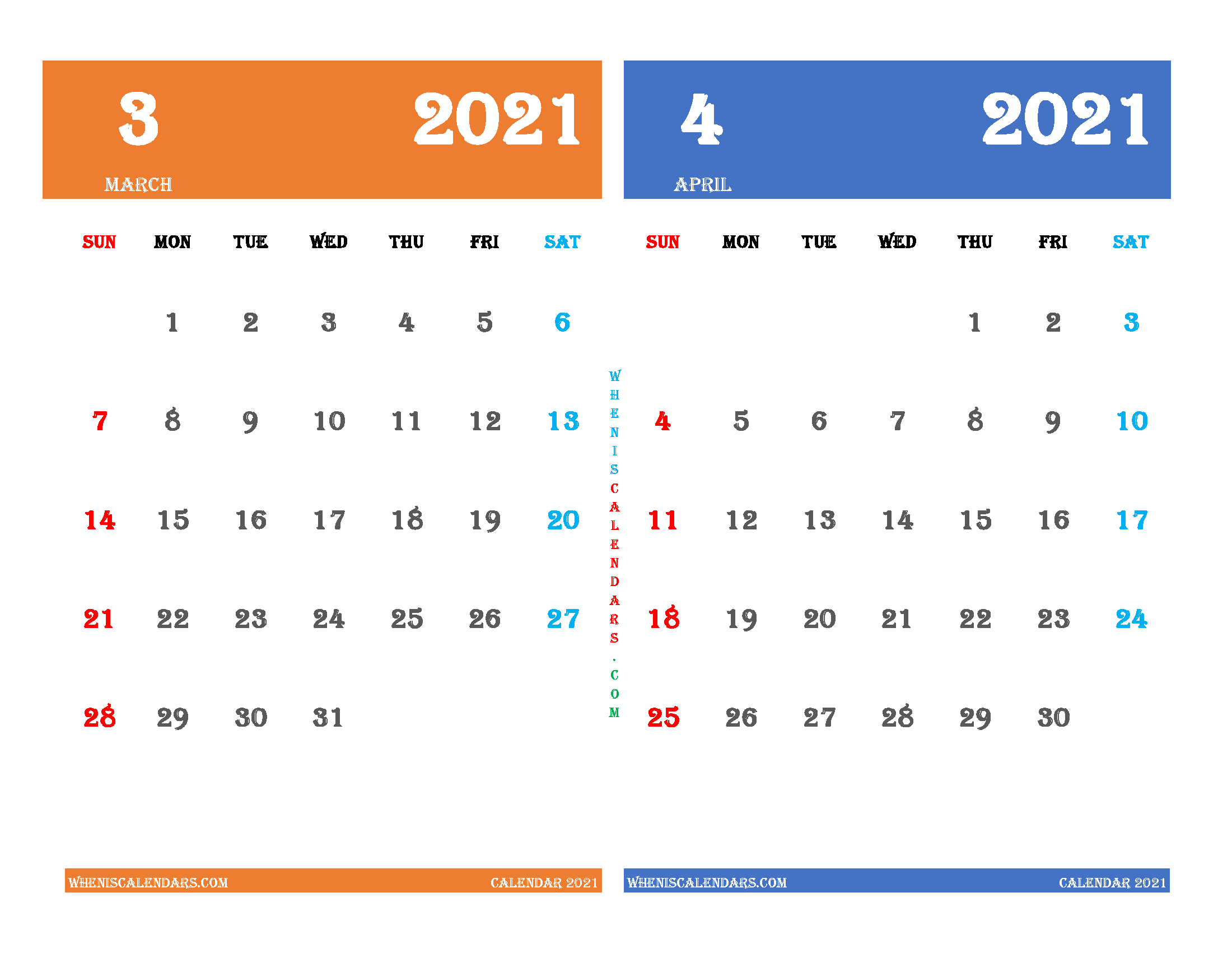 Printable March and April 2021 Calendar
