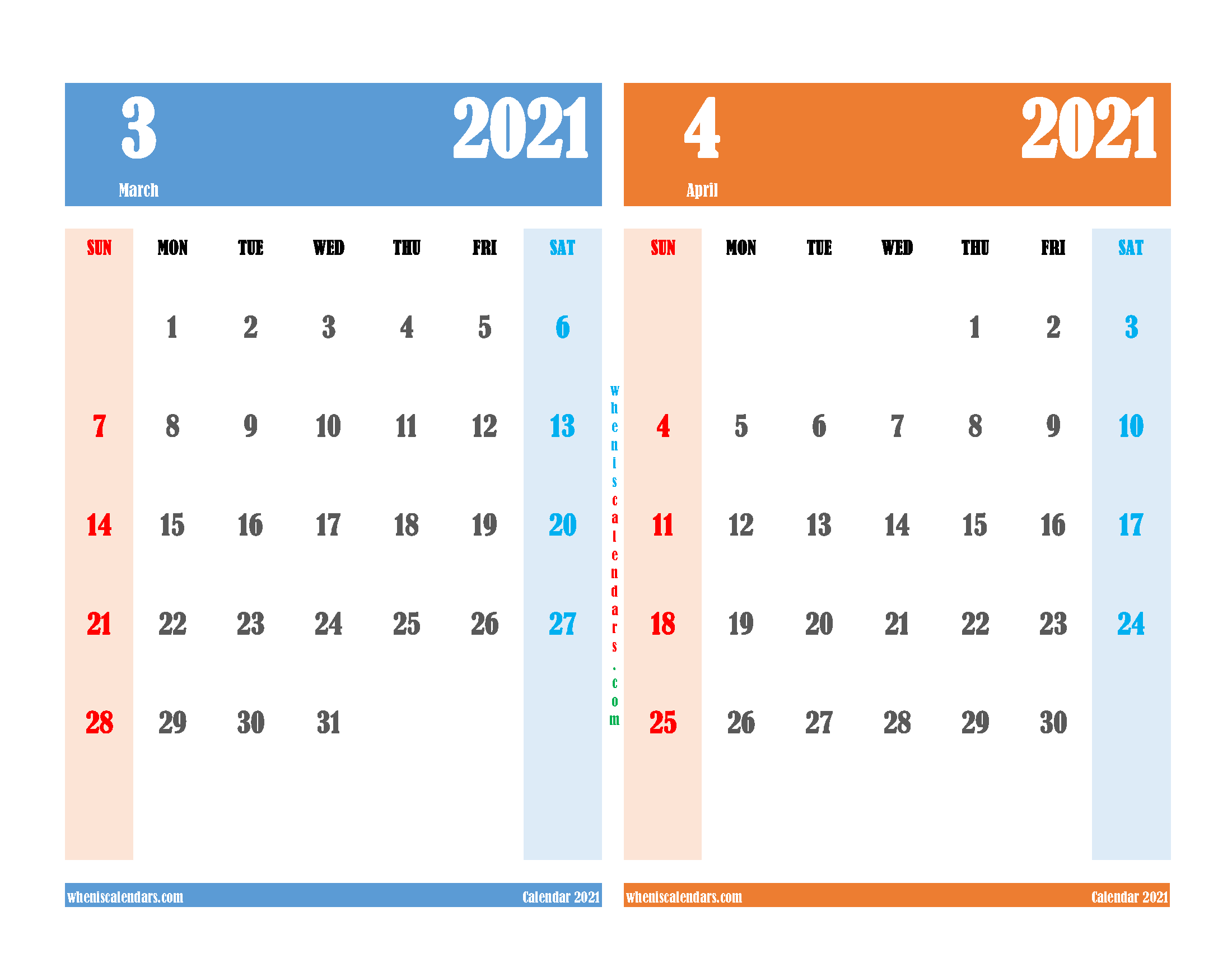 March and April 2021 Calendar Printable Free