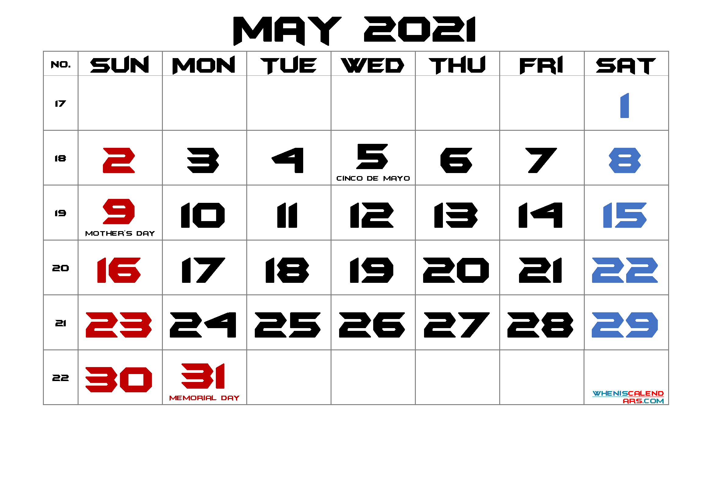 free printable may 2021 calendar with holidays