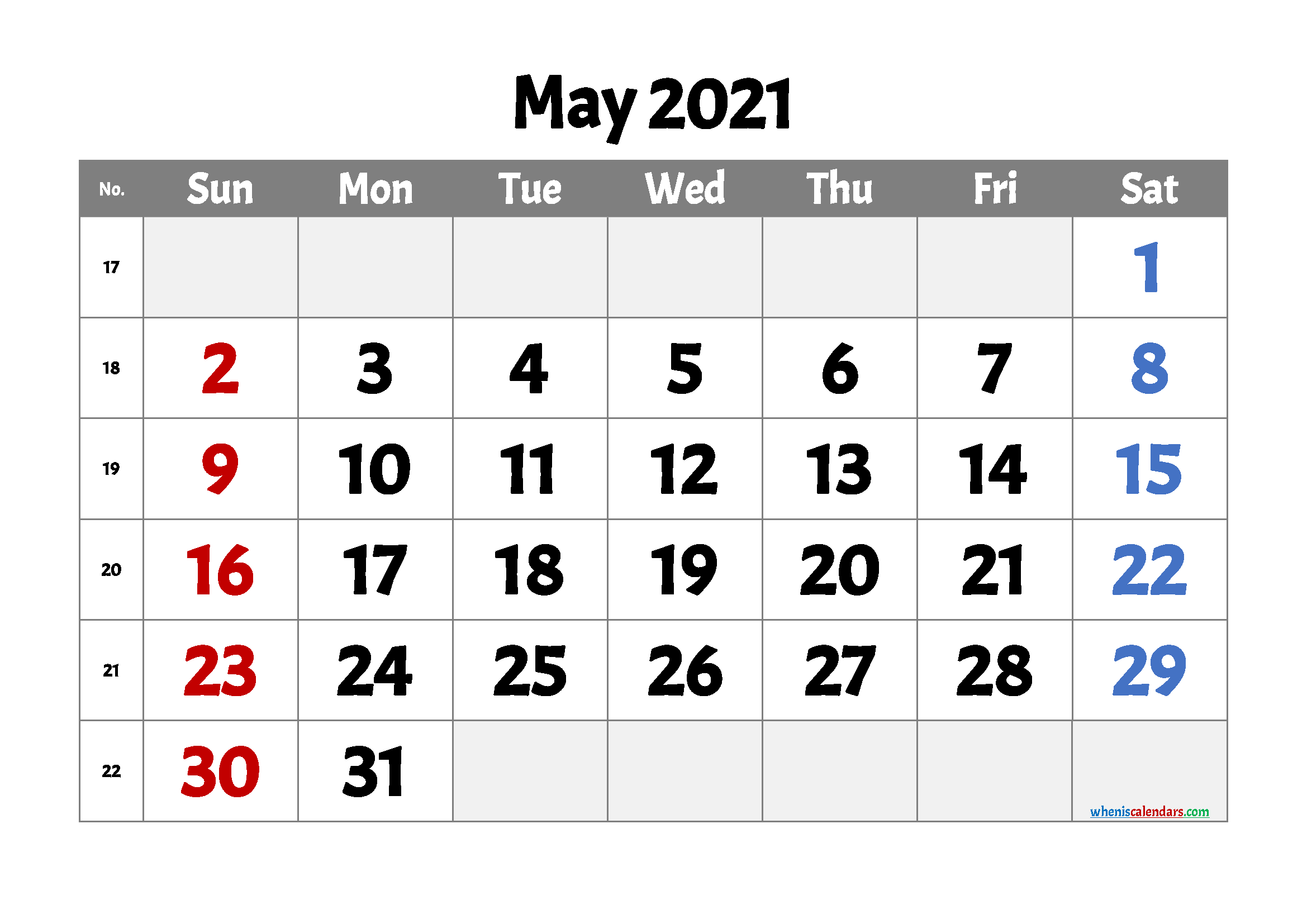 Free Printable Calendar May 2021