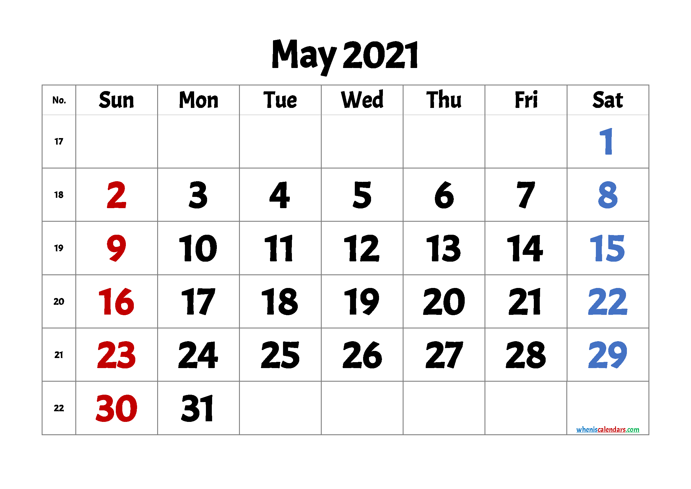 May 2021 Printable Calendar Free