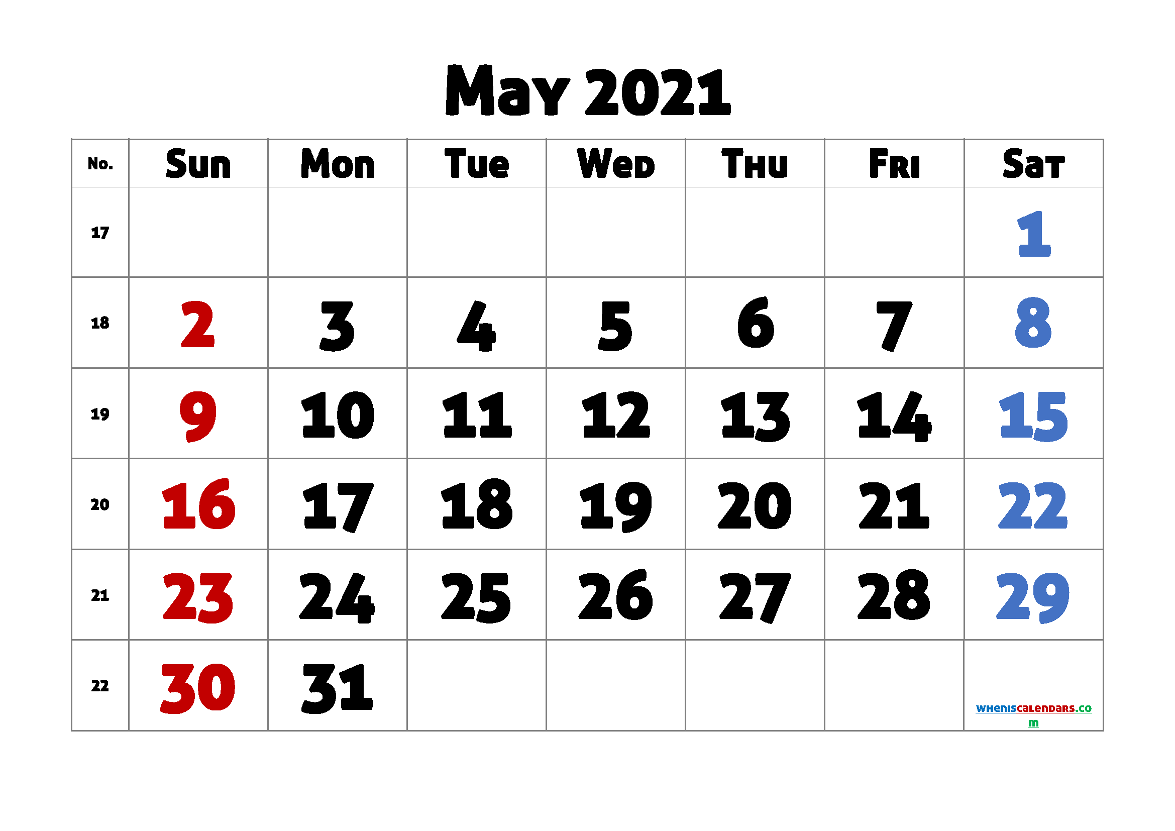 Free Printable Calendar May 2021