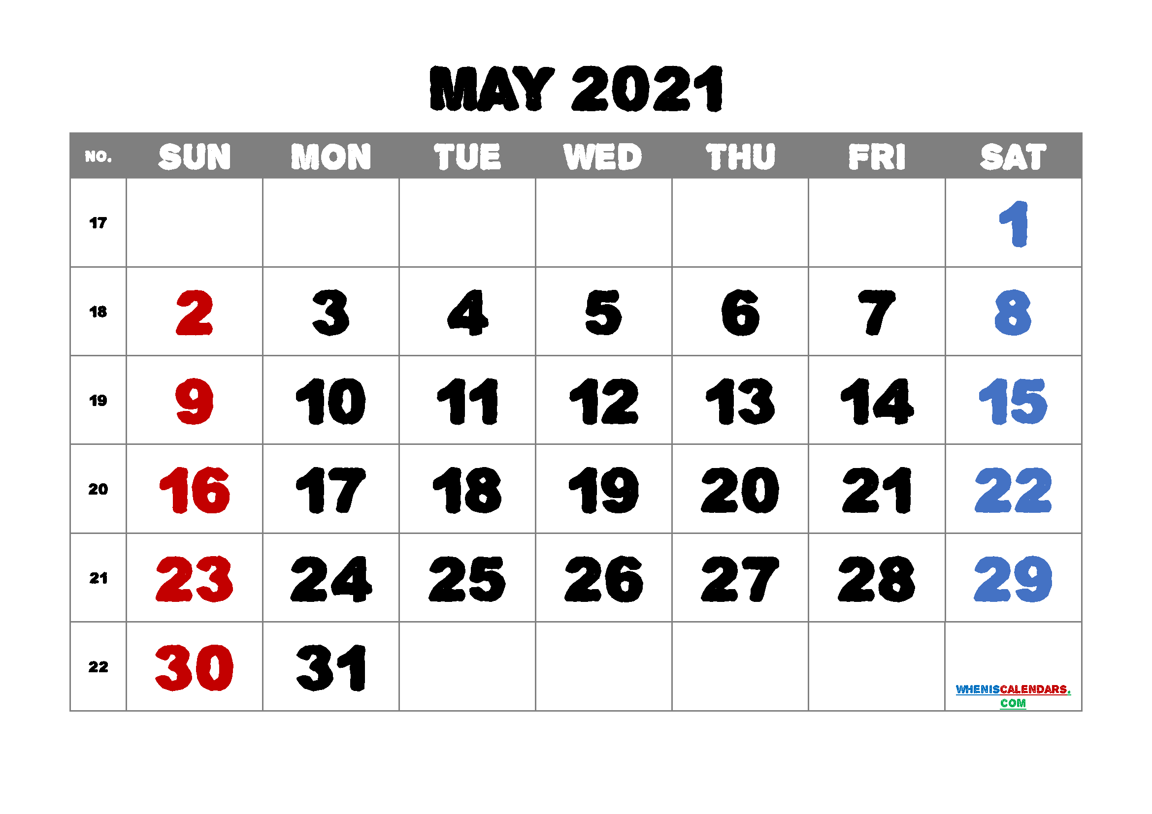 free printable may 2021 calendar with week numbers