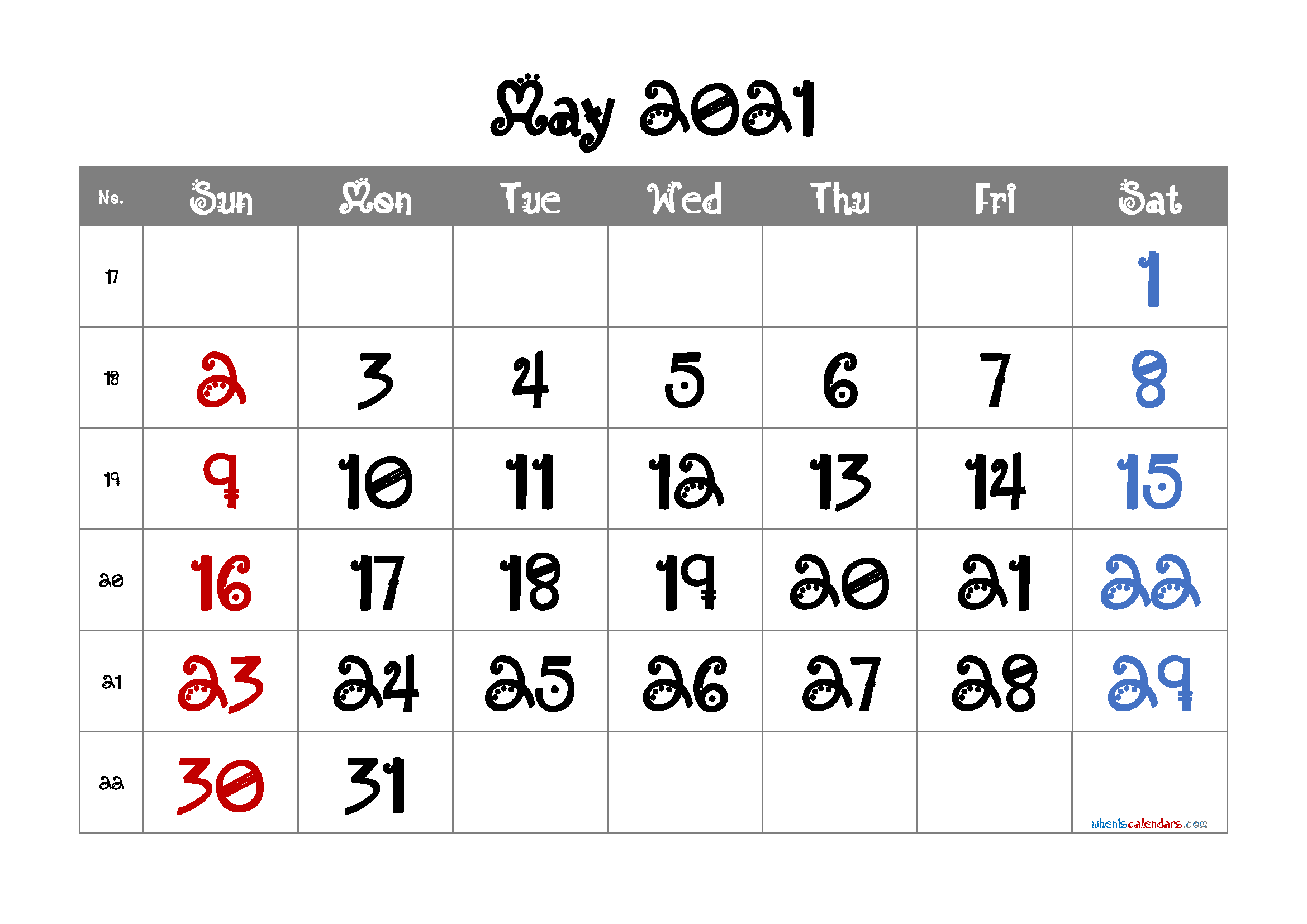 May 2021 Calendar Free Printable