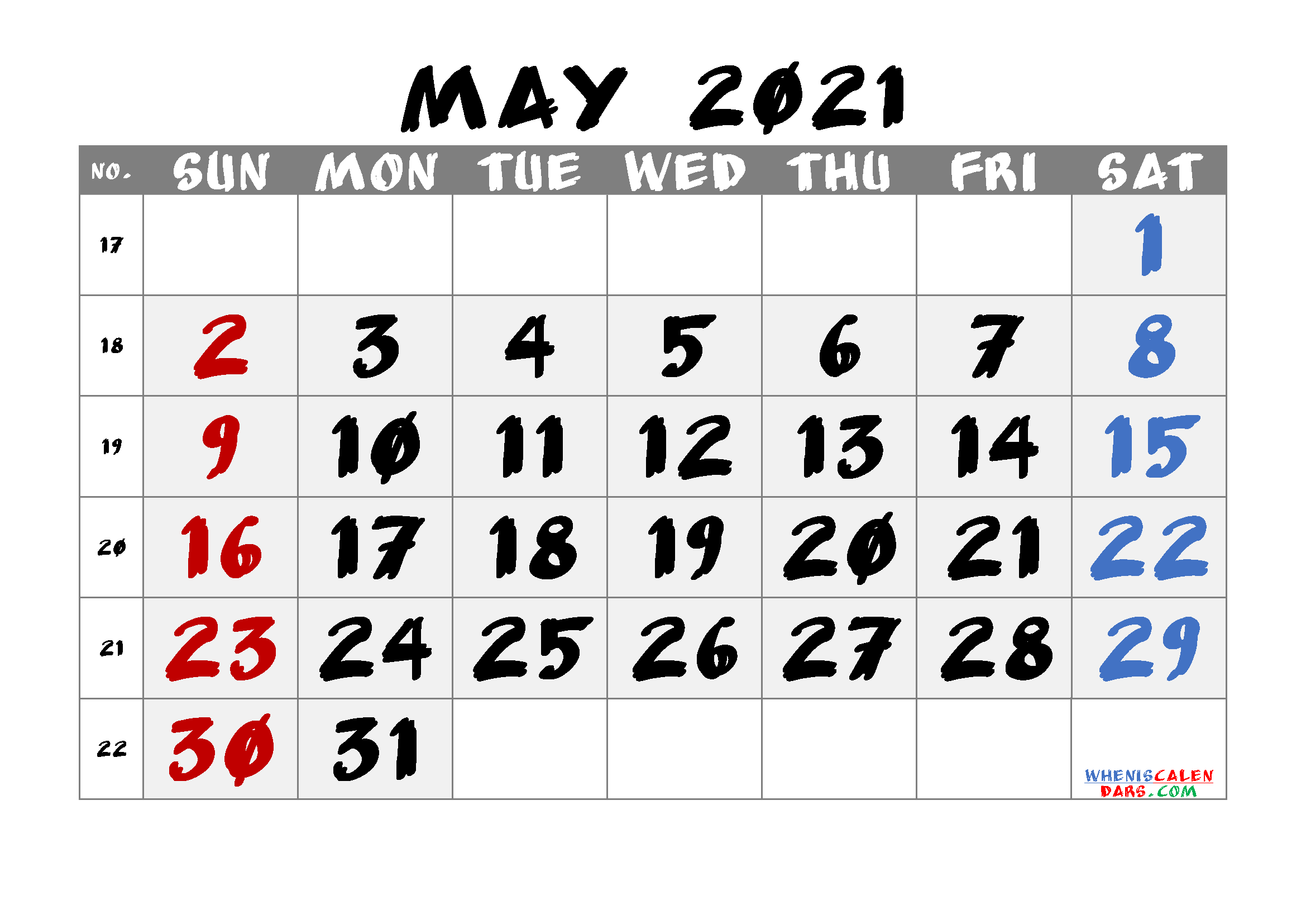 Printable Calendar for May 2021