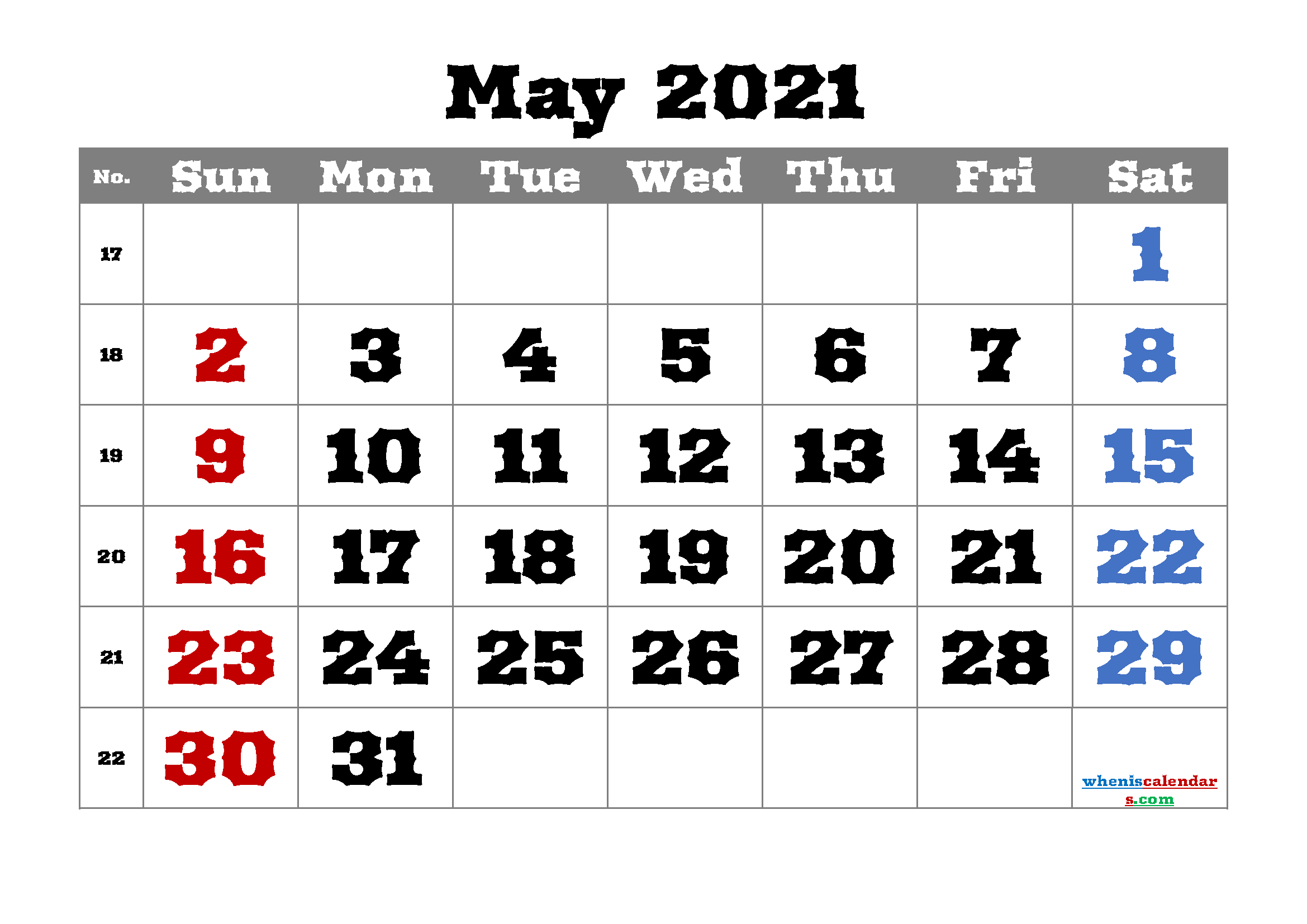 Printable Calendar May 2021 Free