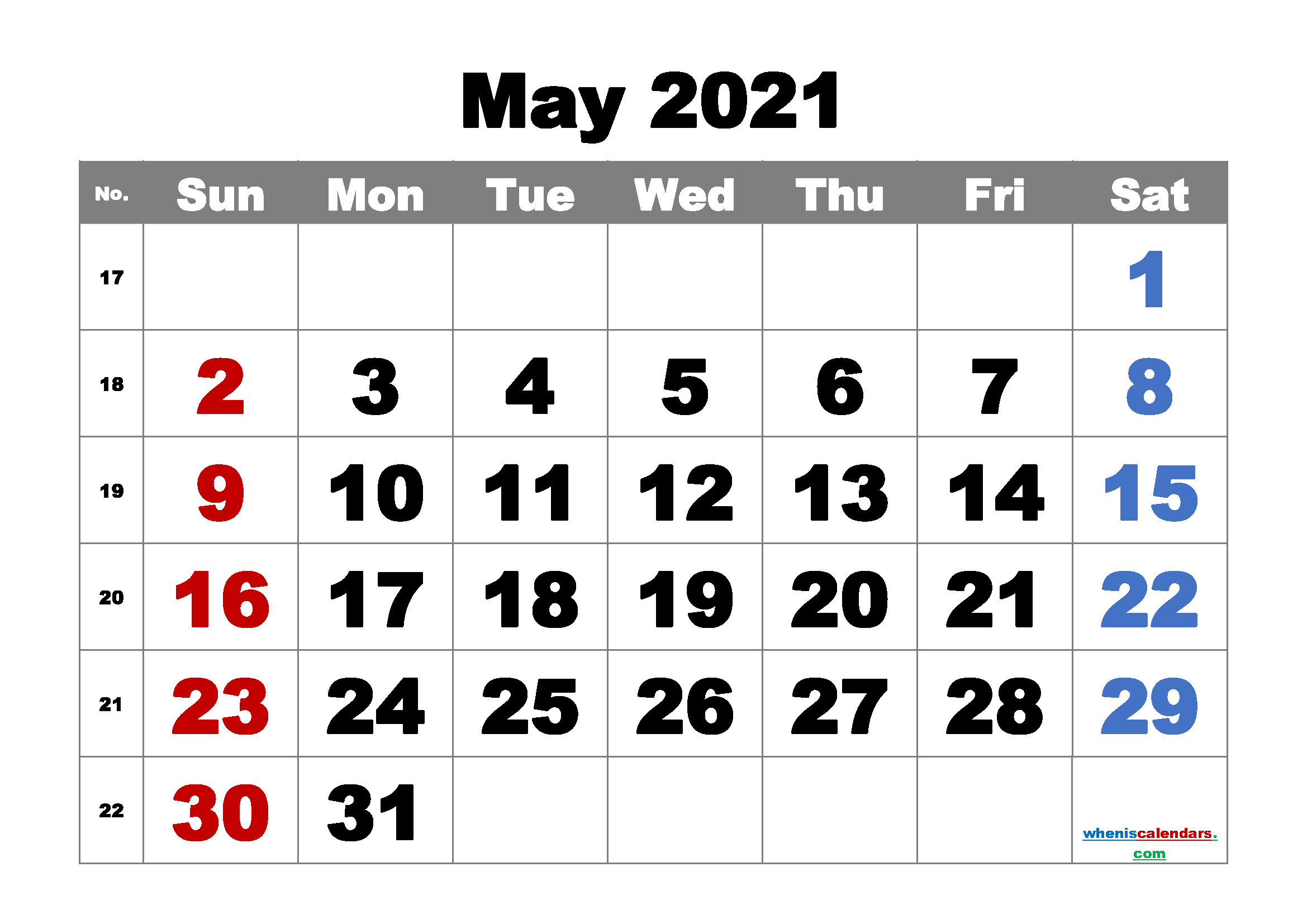 May 2021 Calendar Free Printable
