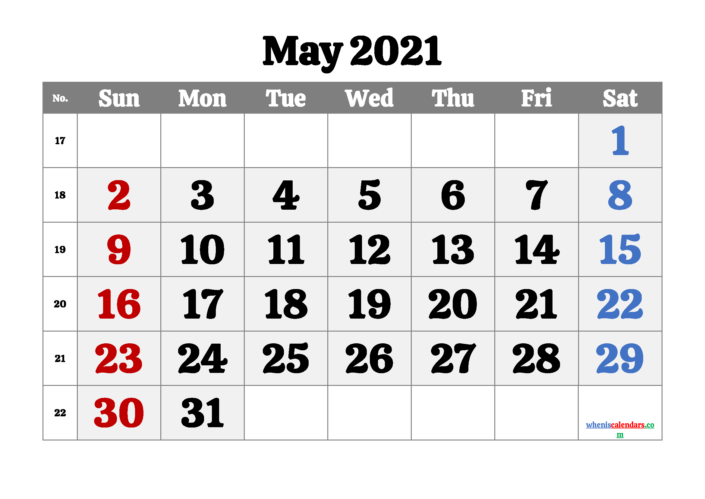 free printable may 2021 calendar with week numbers
