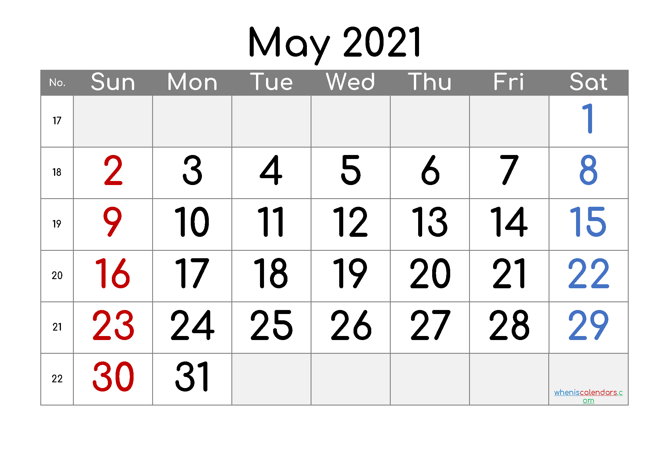 Printable Calendar for May 2021