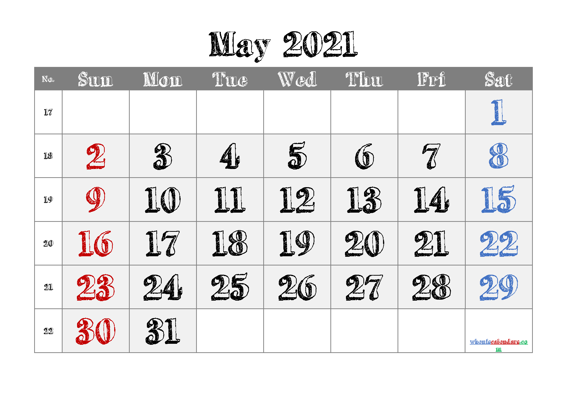 Printable Calendar May 2021 Free