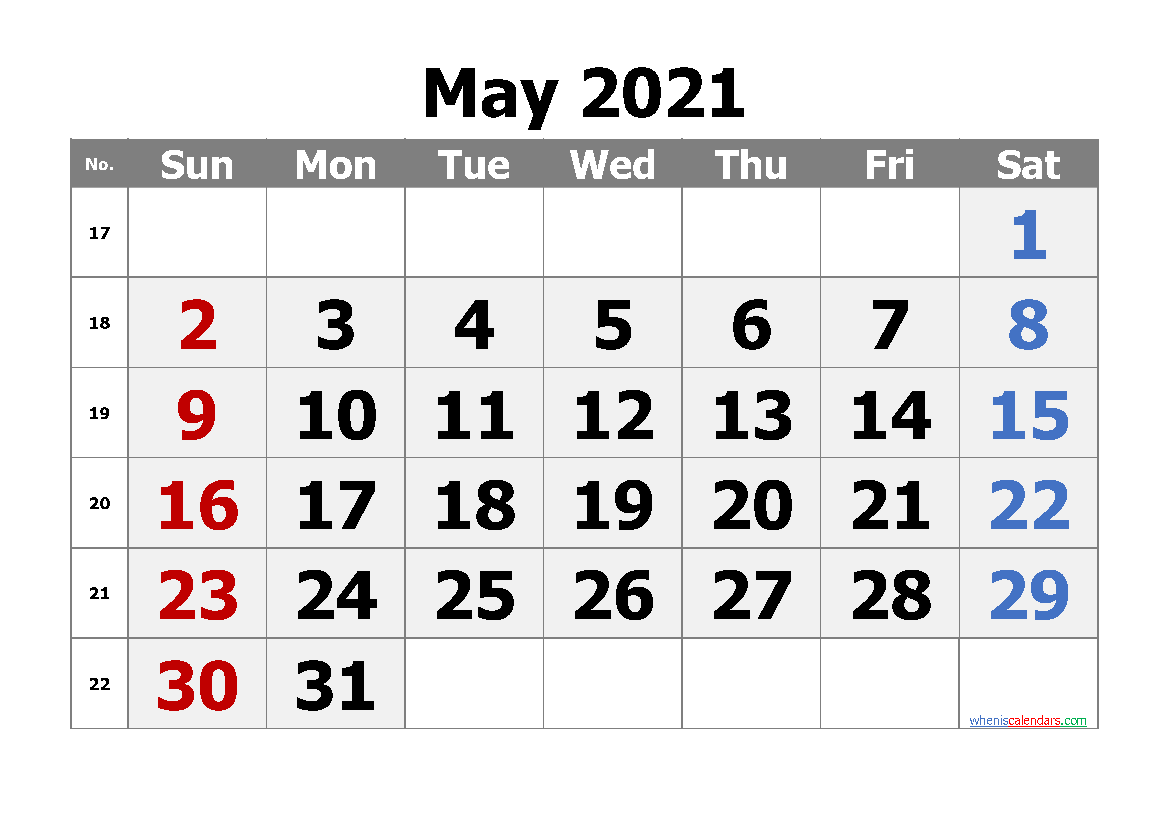 May 2021 Printable Calendar Free