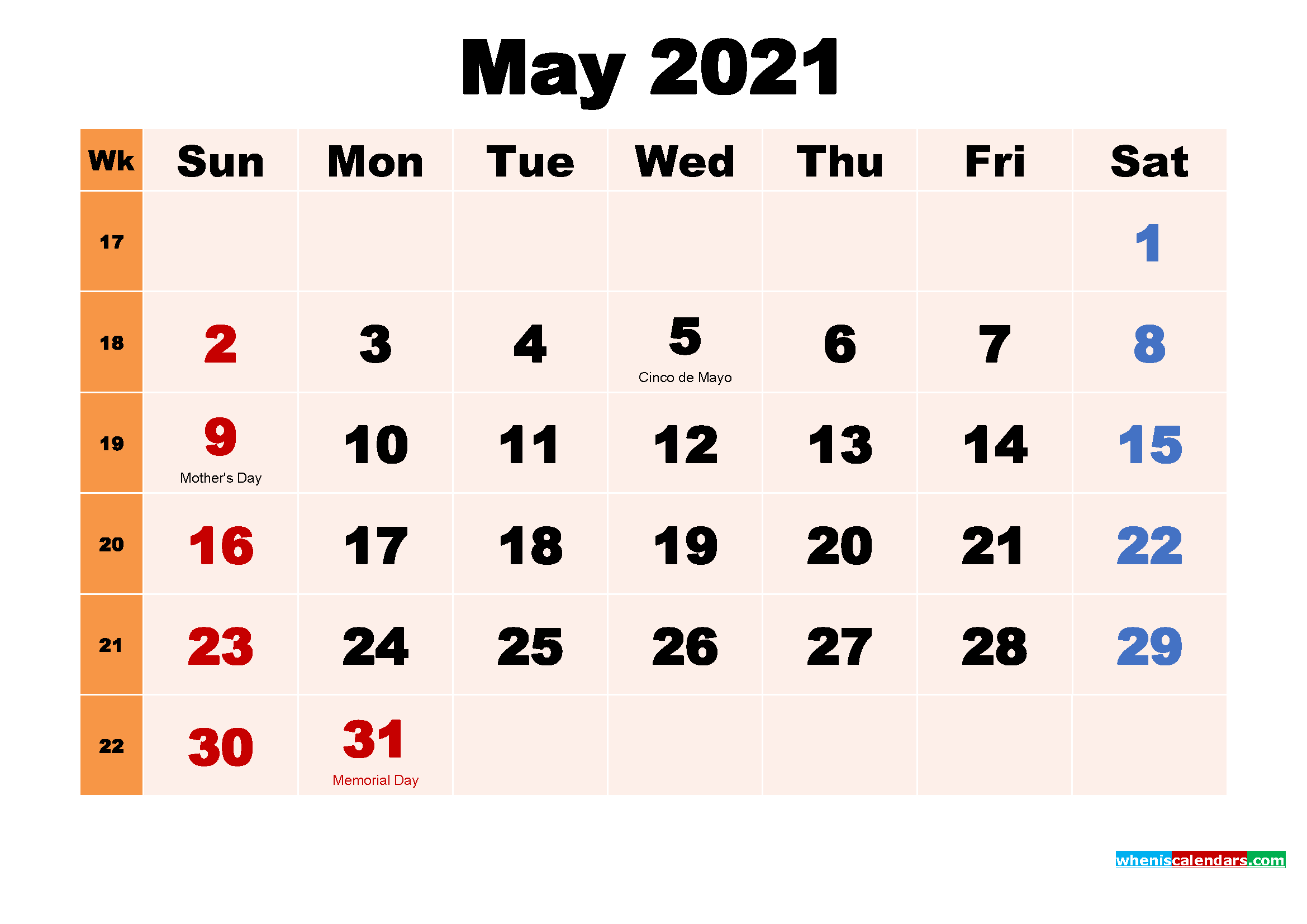 Printable May 2021 Calendar Free
