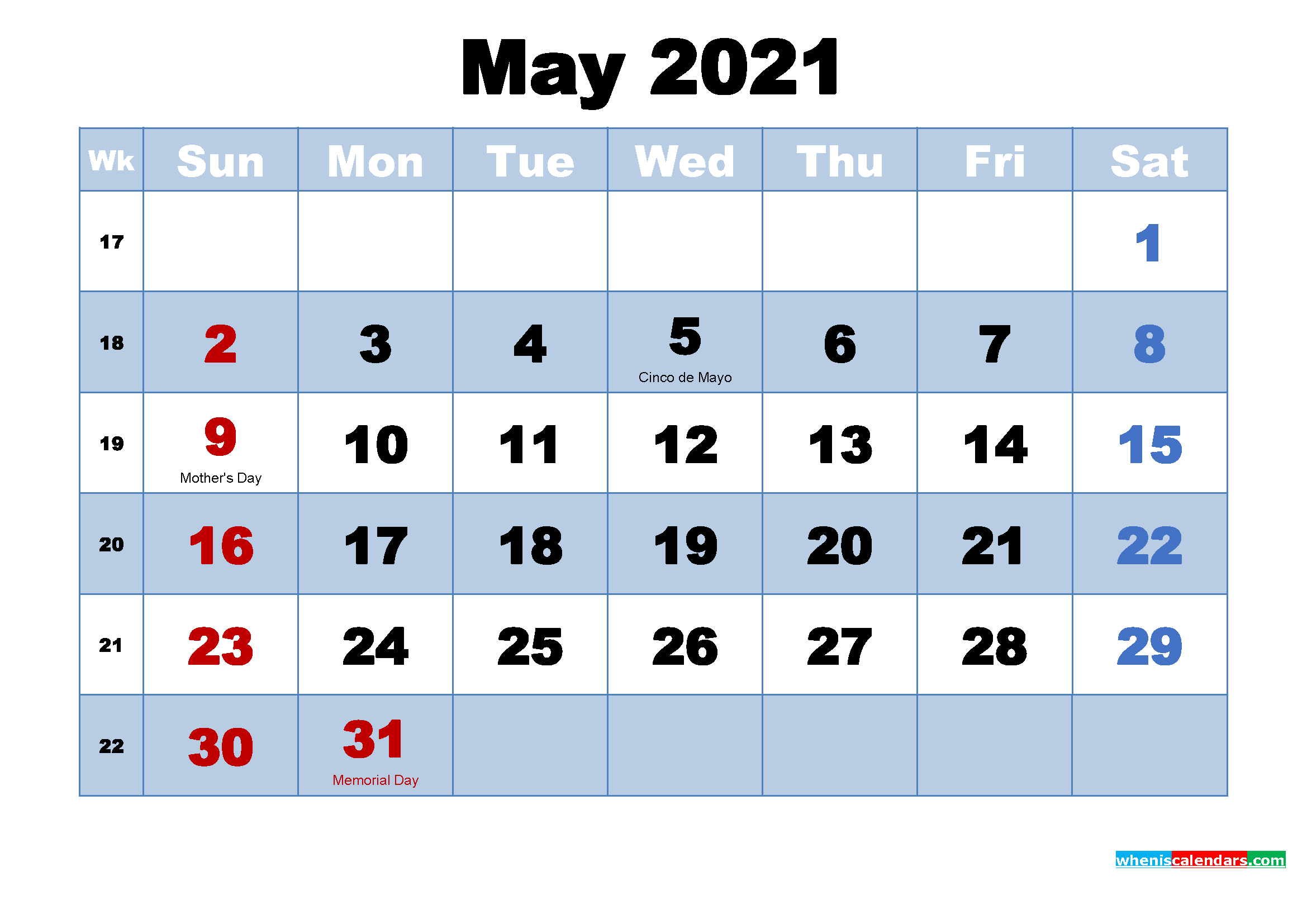 free printable may 2021 calendar with holidays