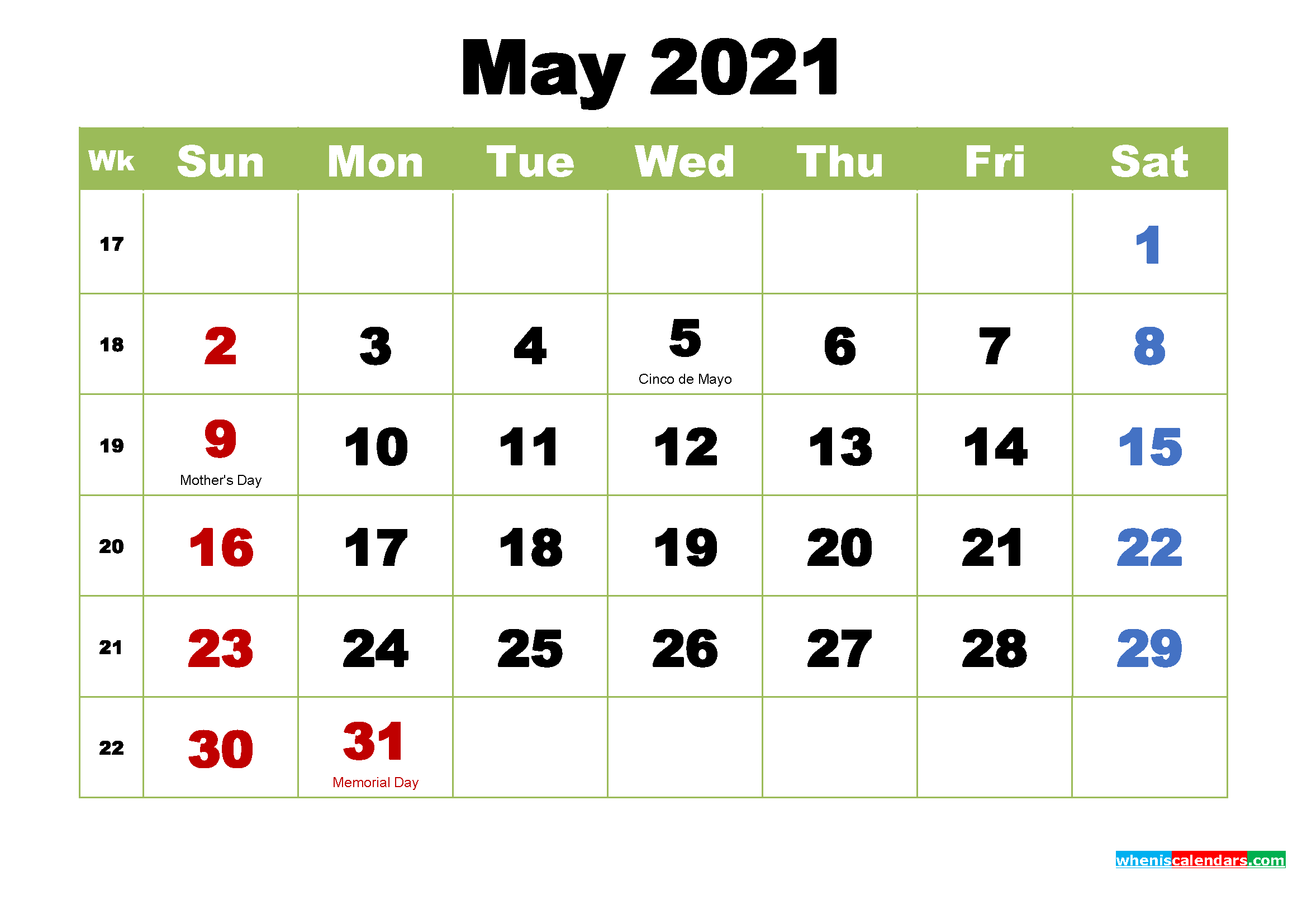 may 2021 printable calendar free