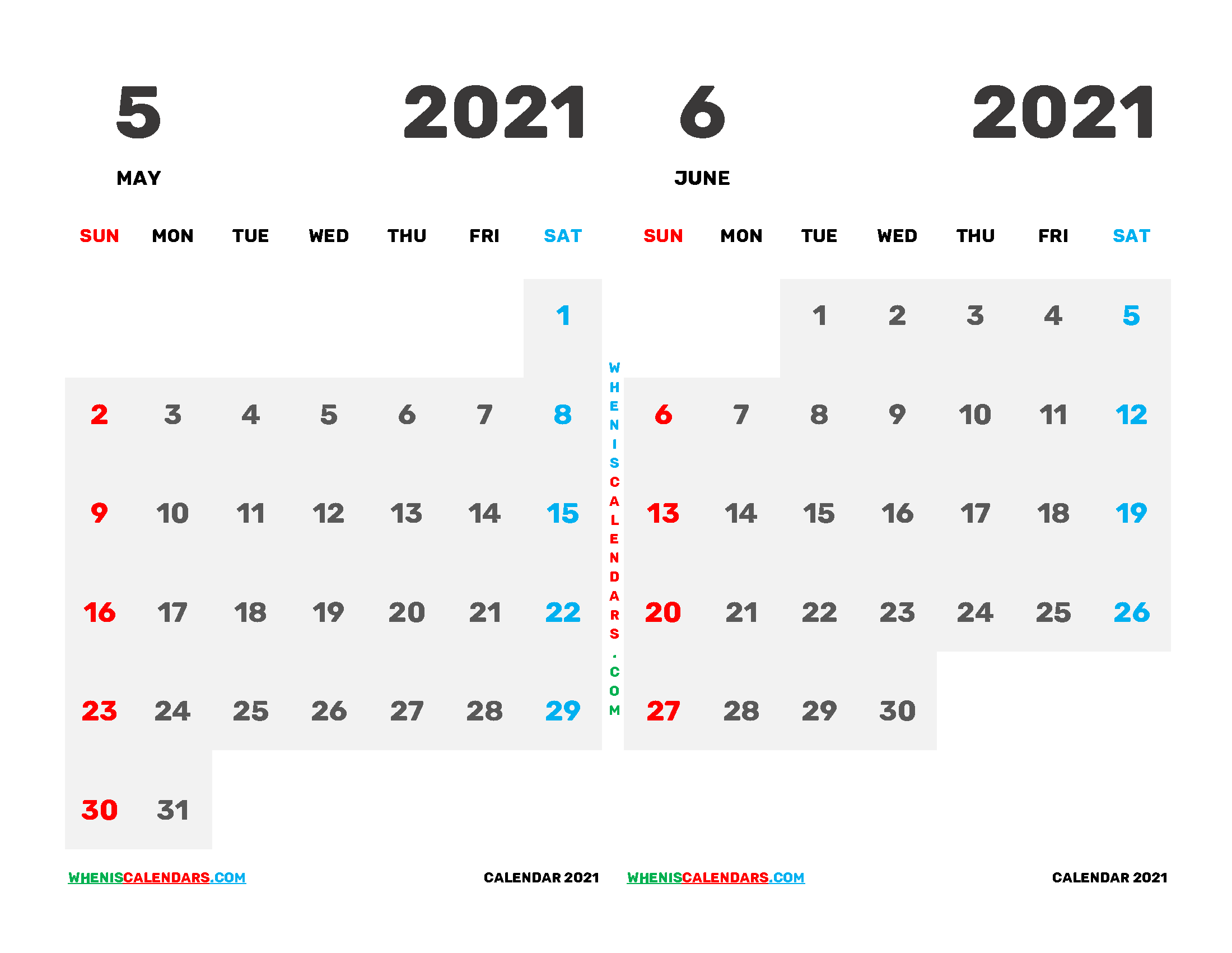 Printable Calendar 2021 May and June