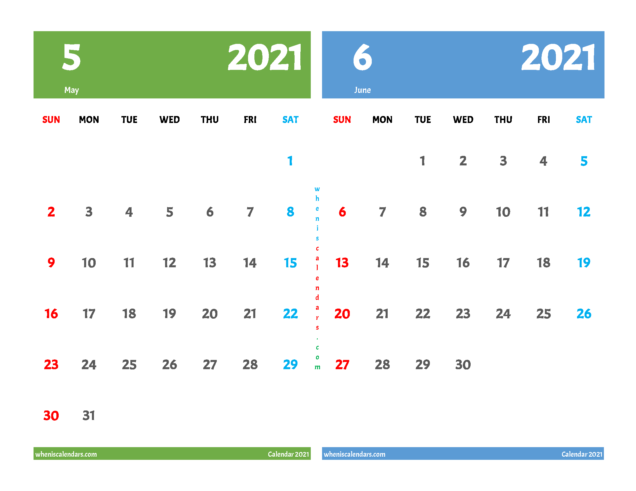 May and June 2021 Calendar Printable Free