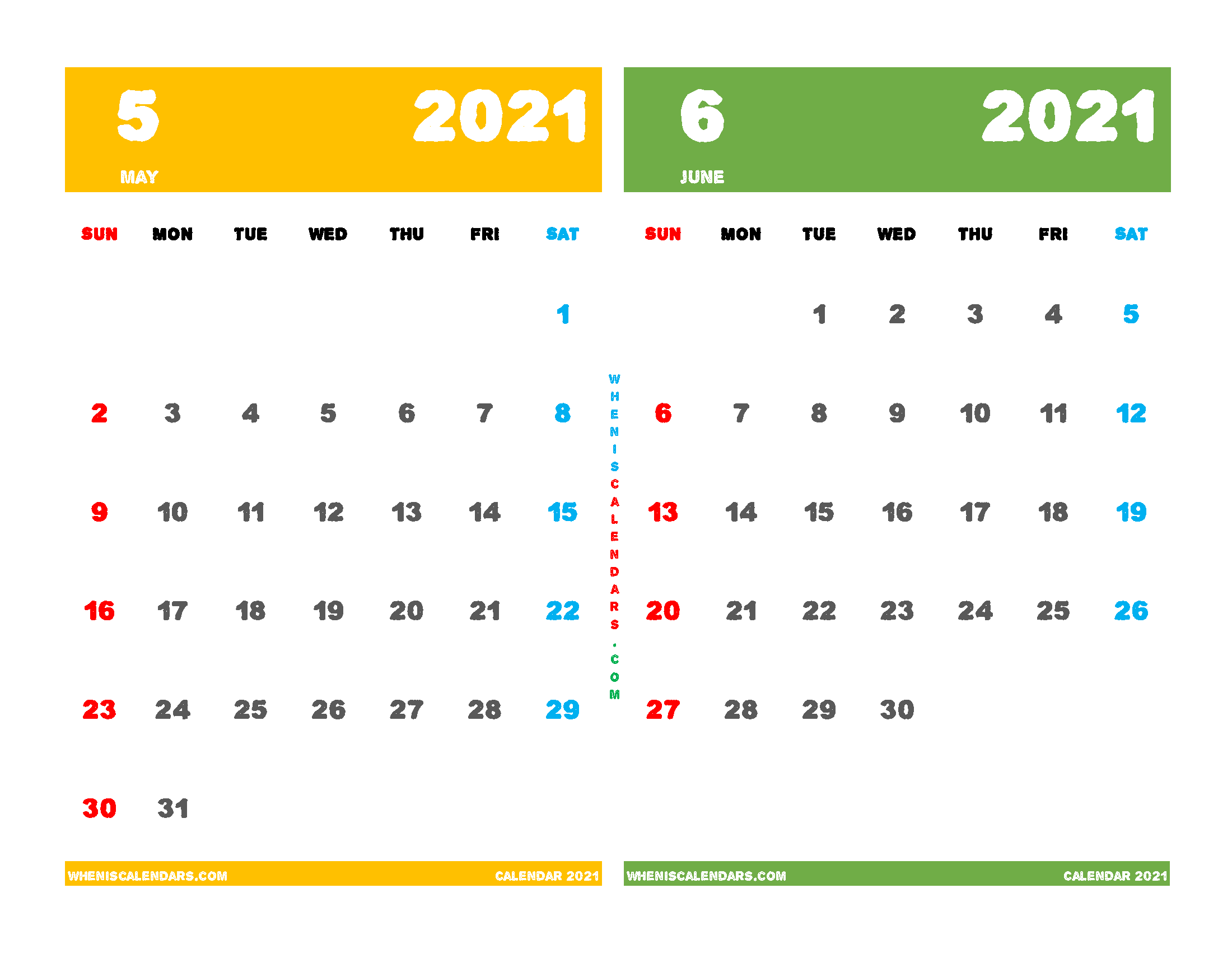 Free May June 2021 Printable Calendar
