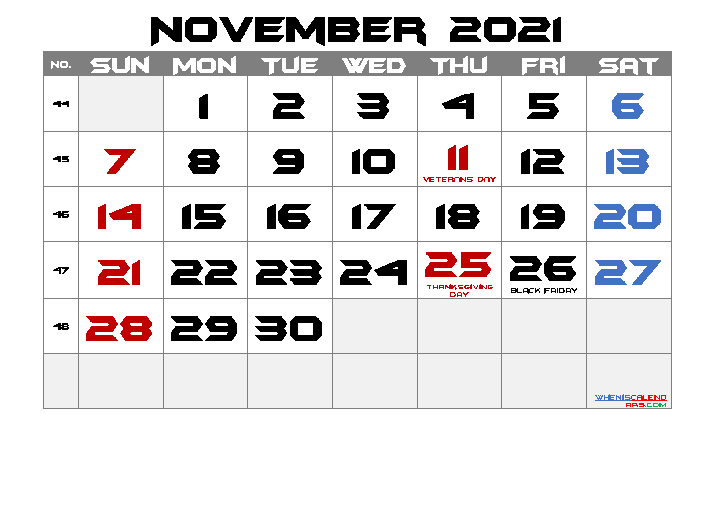 Free Printable Calendar 2021 November