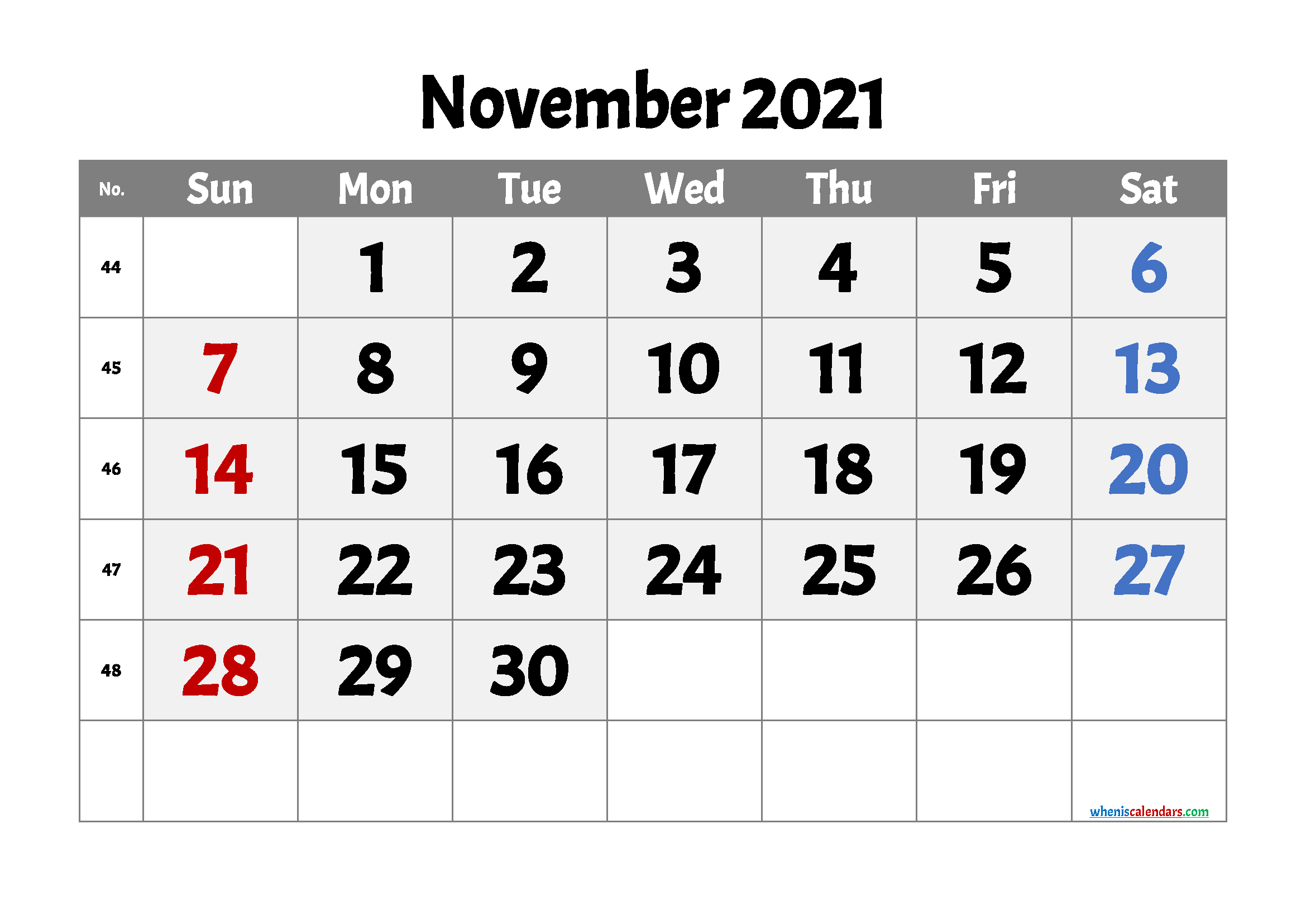 November 2021 Calendar Free Printable