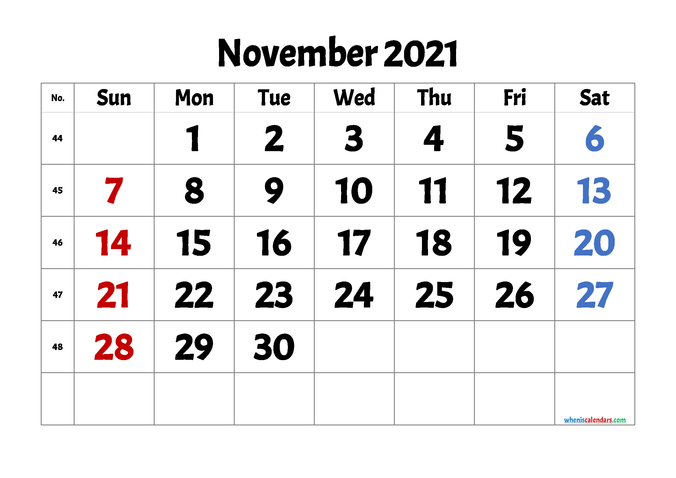 Printable Calendar for November 2021