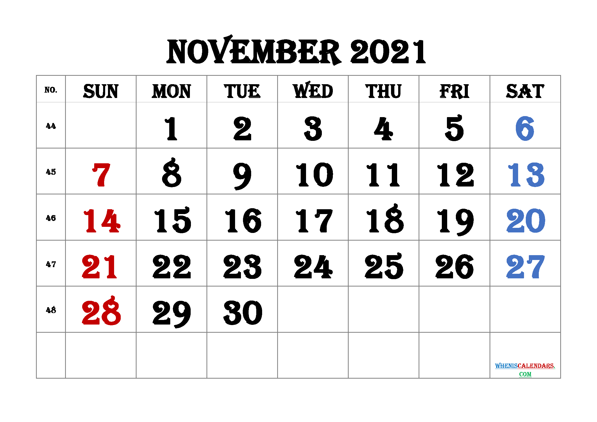Free November 2021 Calendar Printable