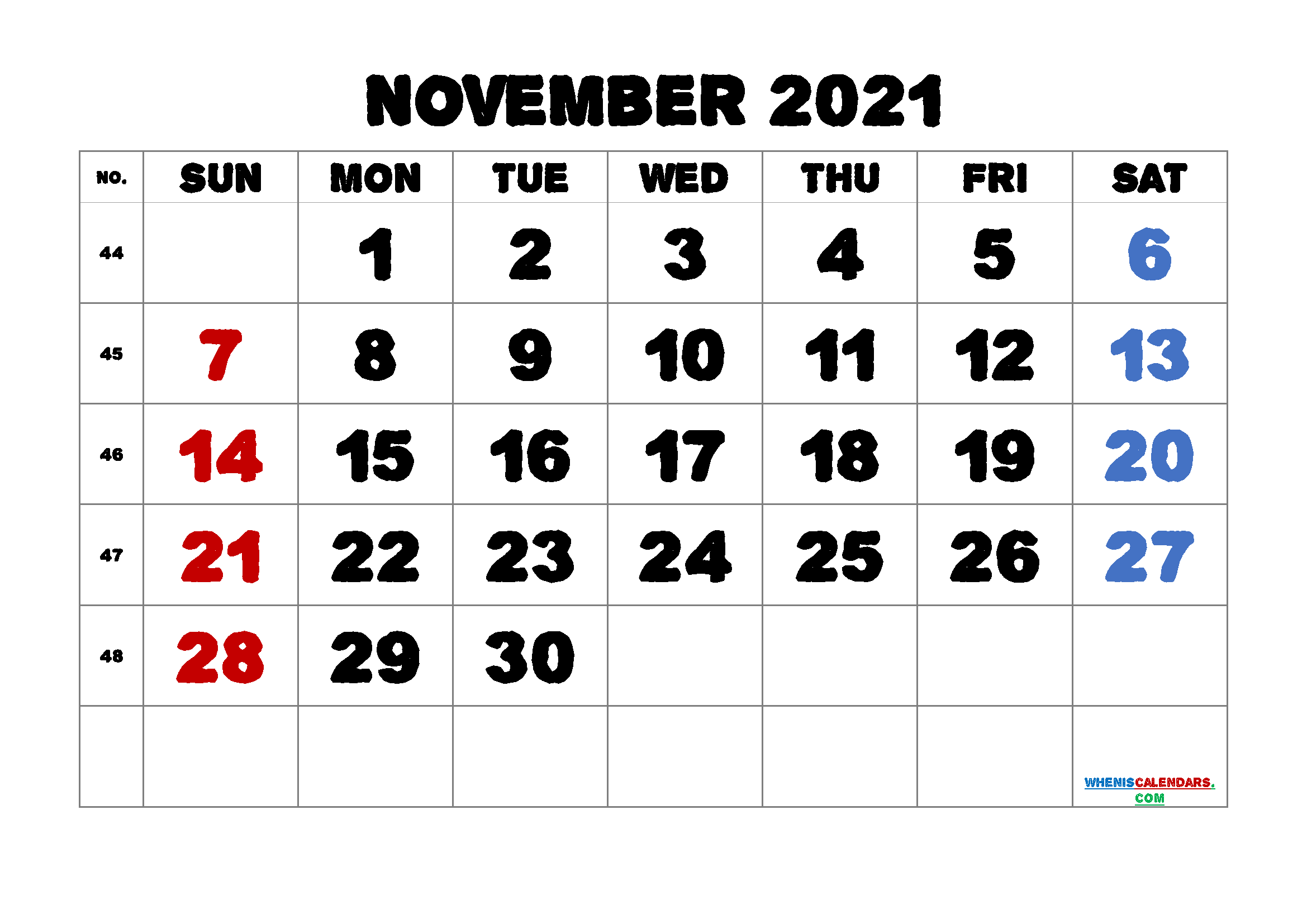 Free Printable November Calendar 2021