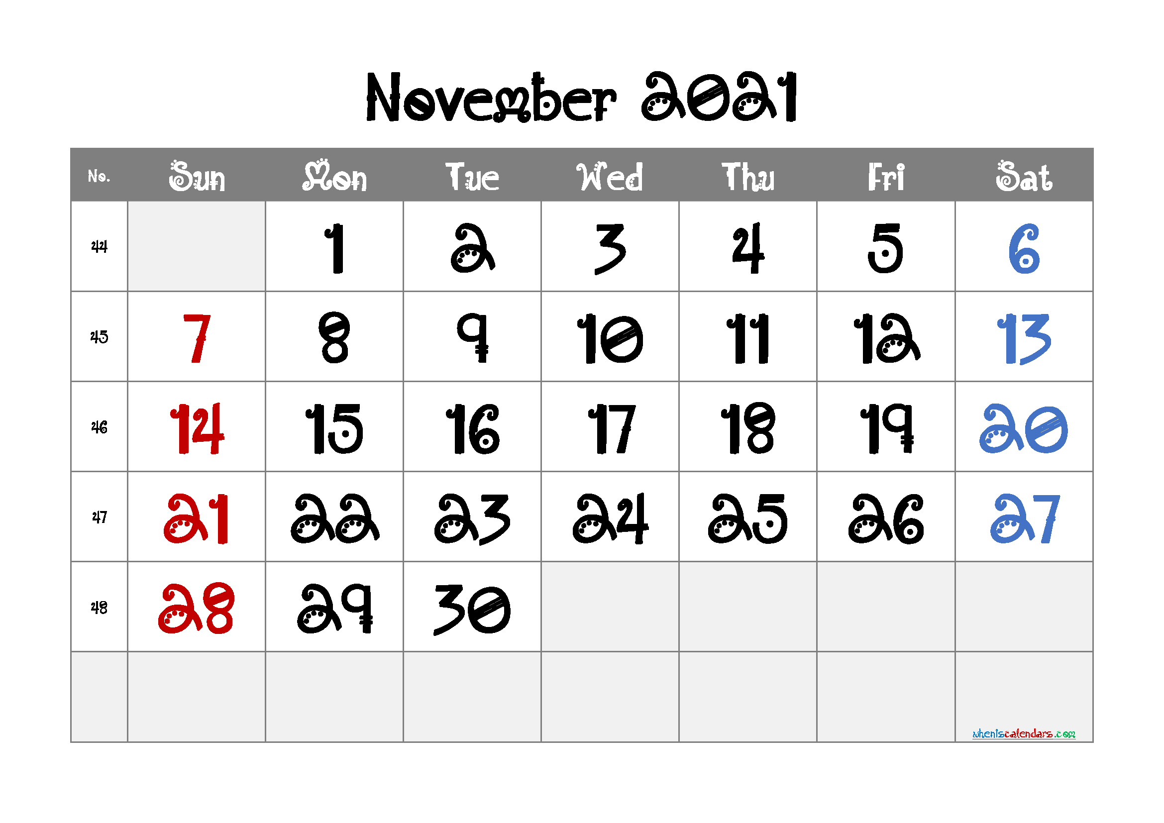 Printable November 2021 Calendar Free