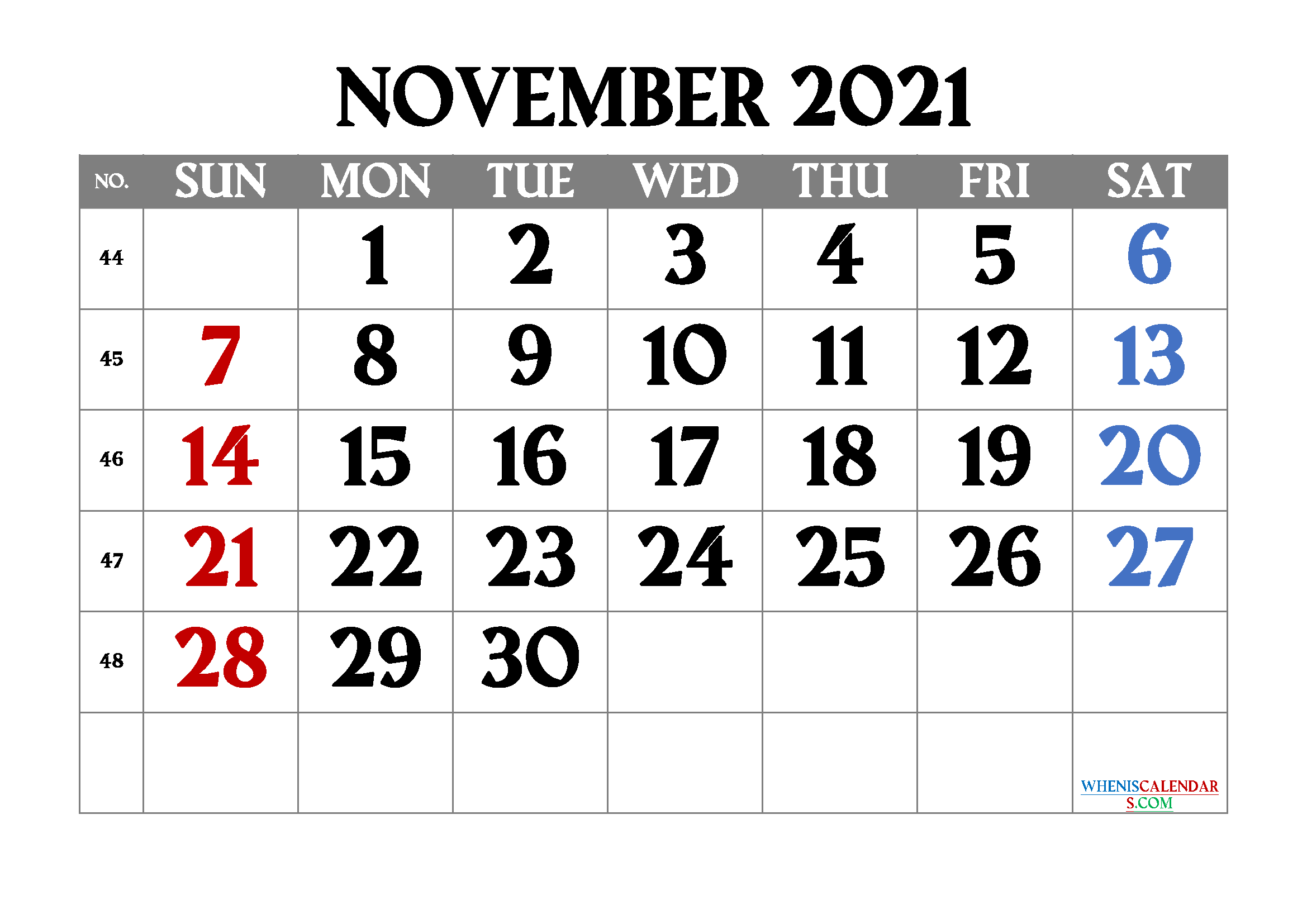 Free Blank Calendar November 2021