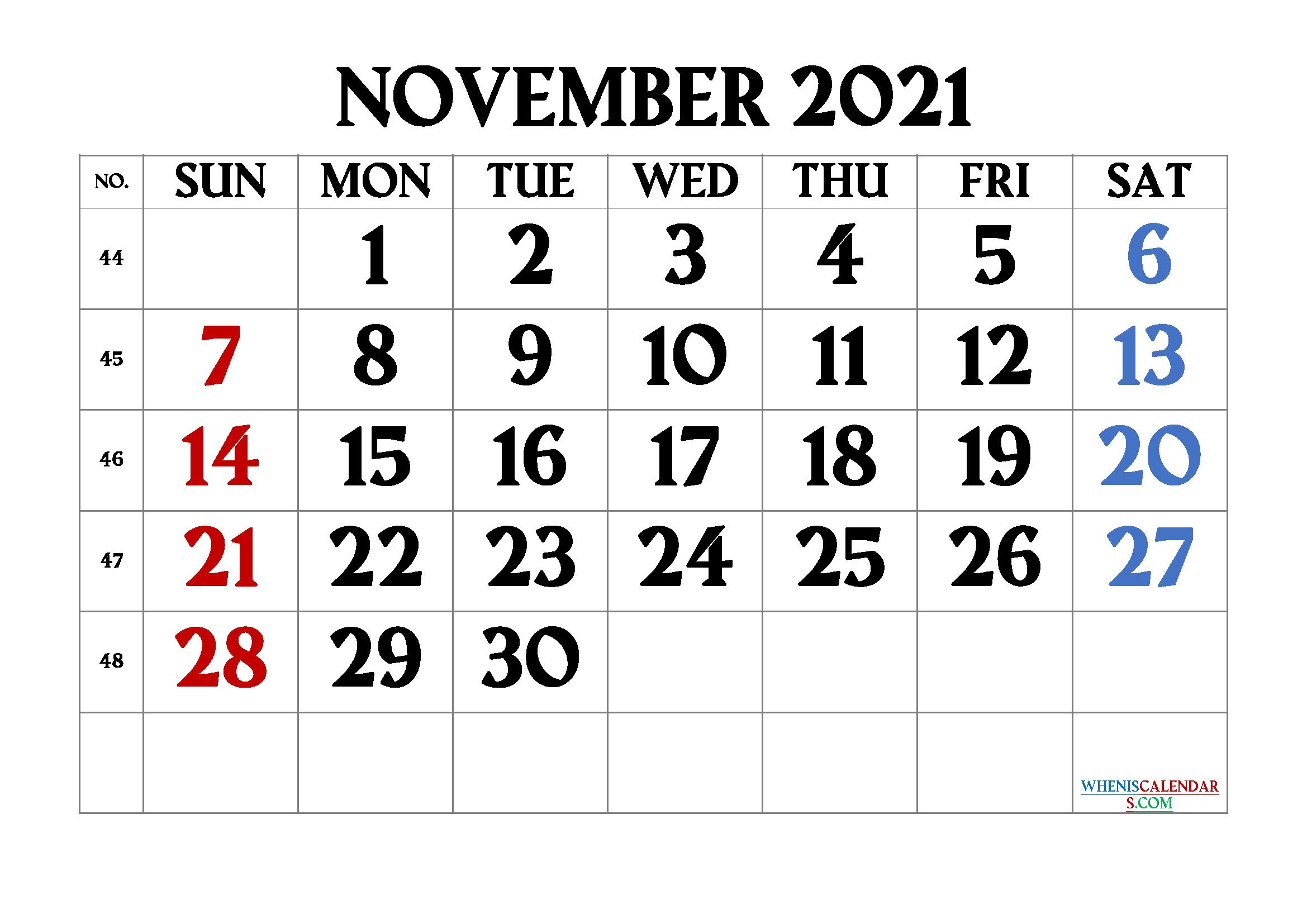 November 2021 Printable Calendar Free