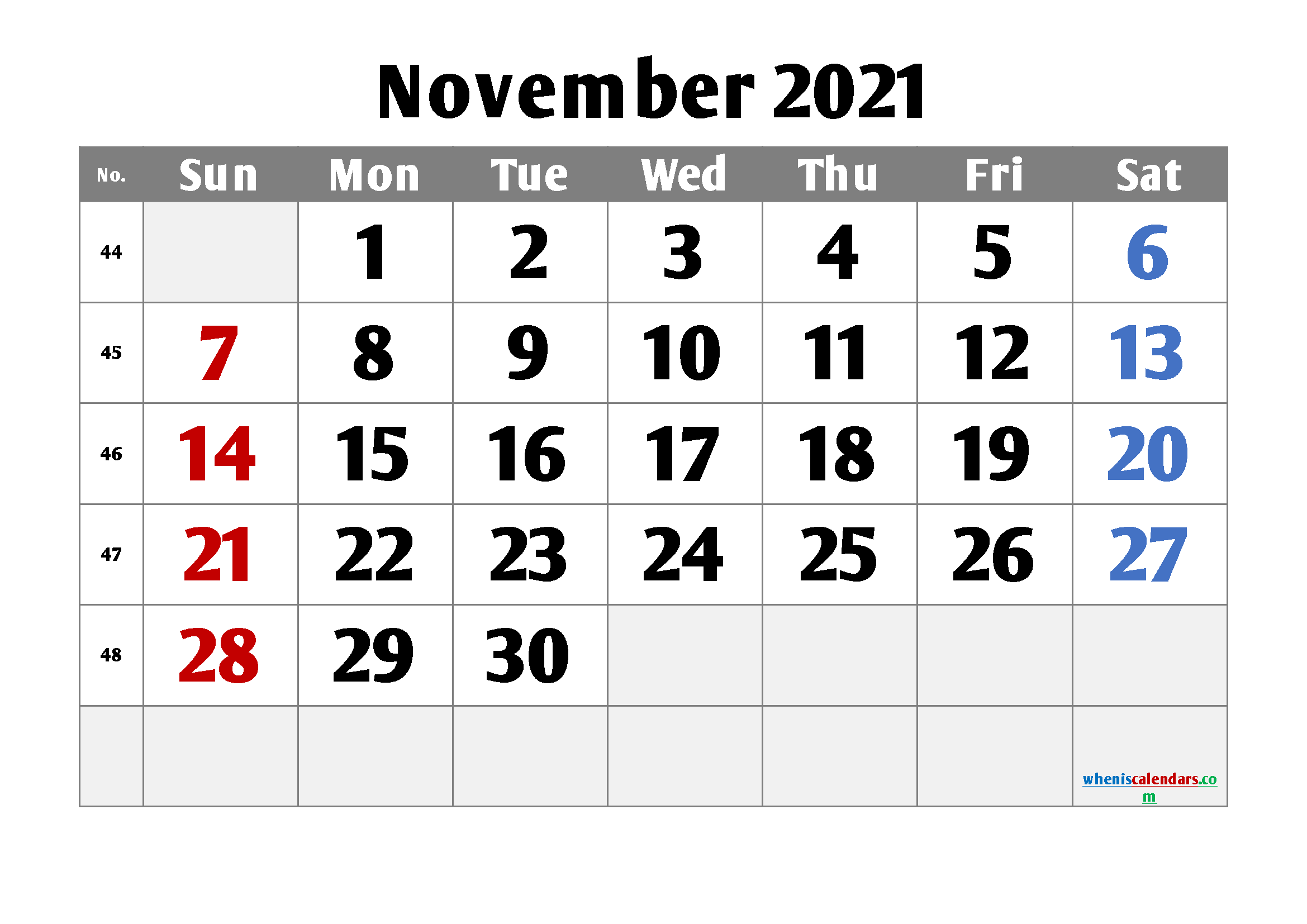 Free November 2021 Calendar with Holidays