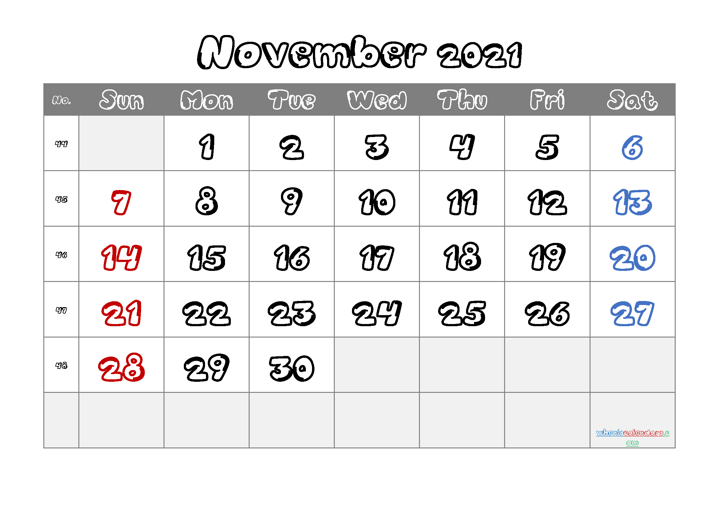 November 2021 Calendar Free Printable