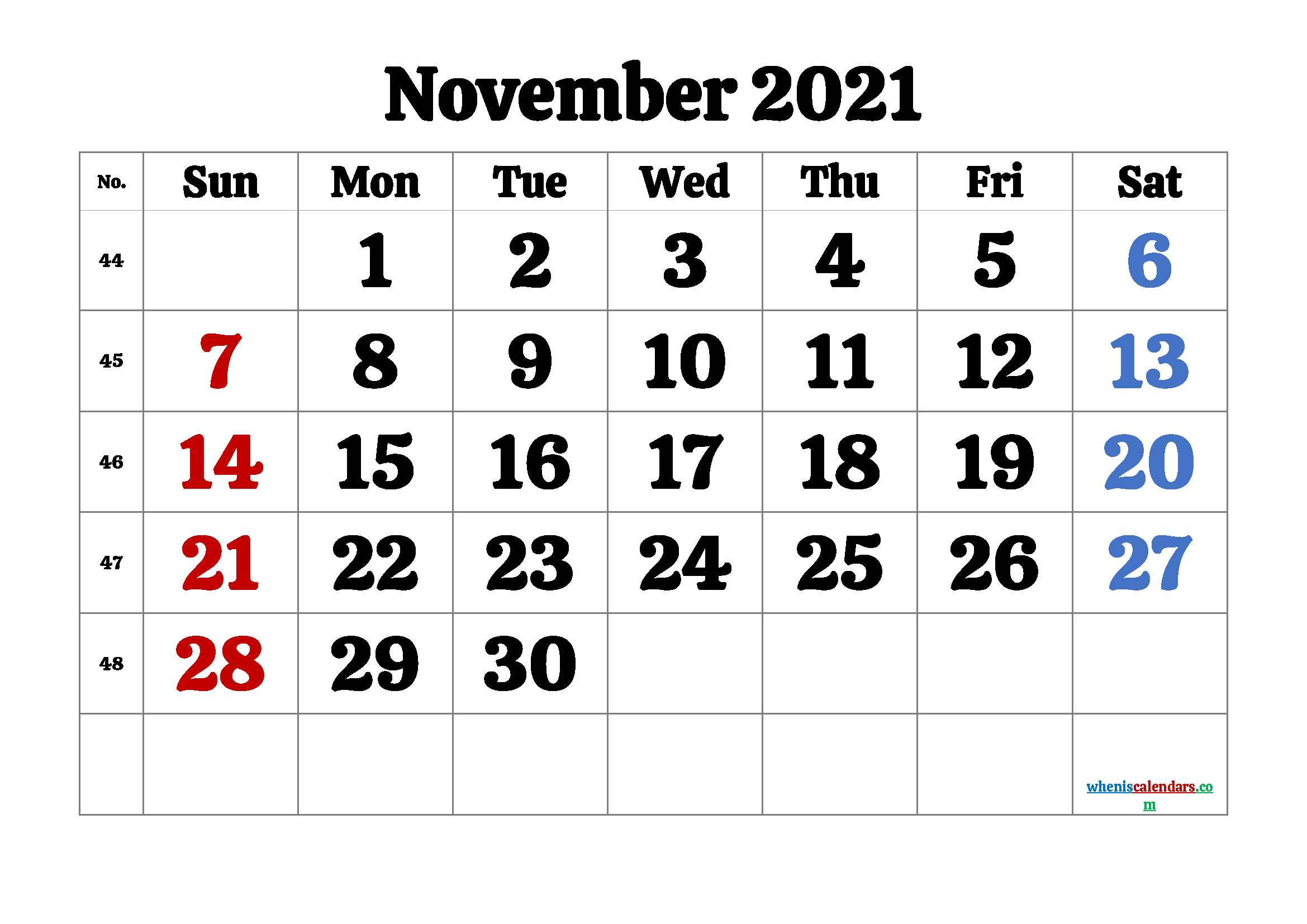 Free Printable November Calendar 2021