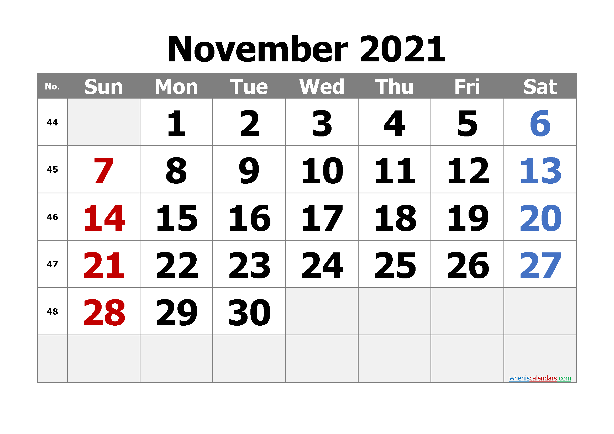 Free Printable November 2021 Calendars