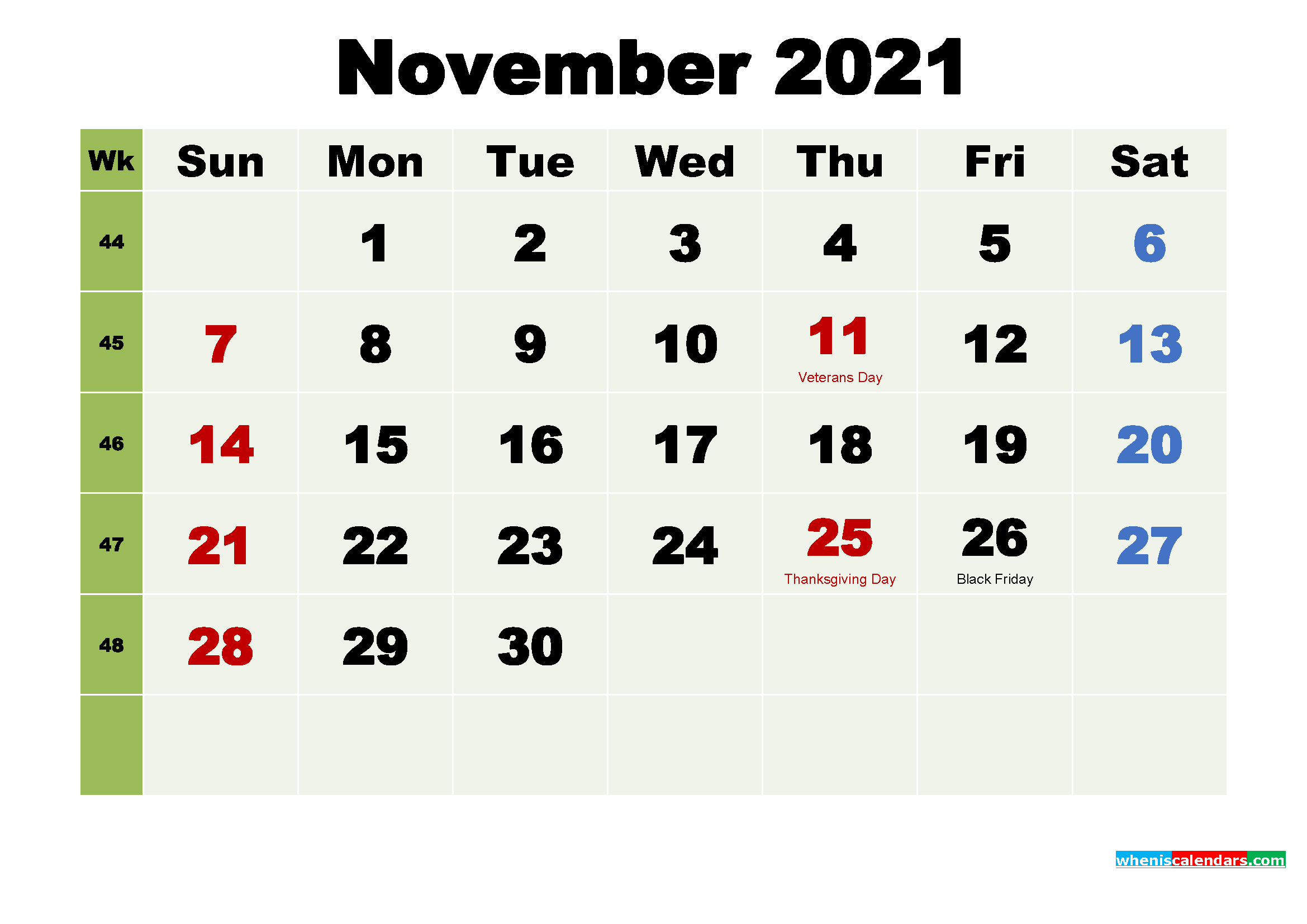 Free Printable November 2021 Calendar