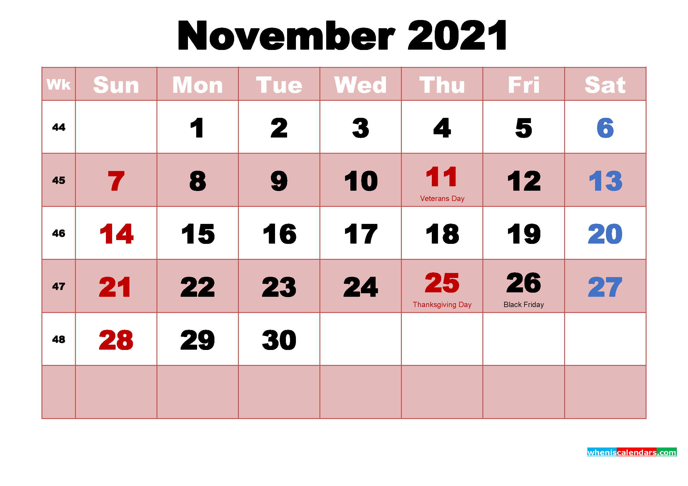 Free Printable Calendar 2021 November