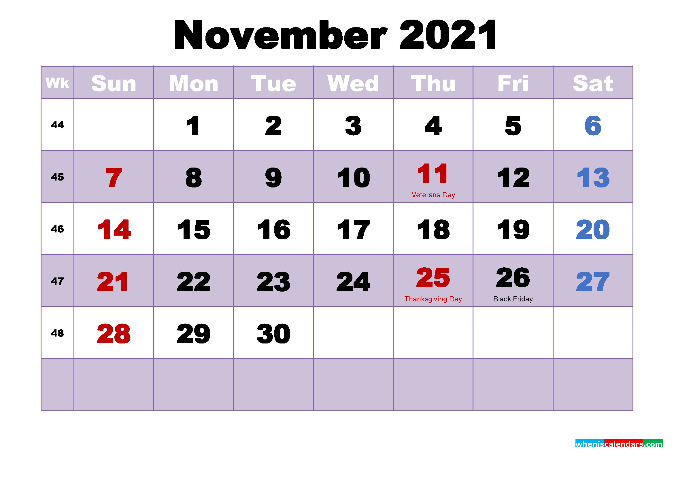 Free November 2021 Calendar Printable Cute