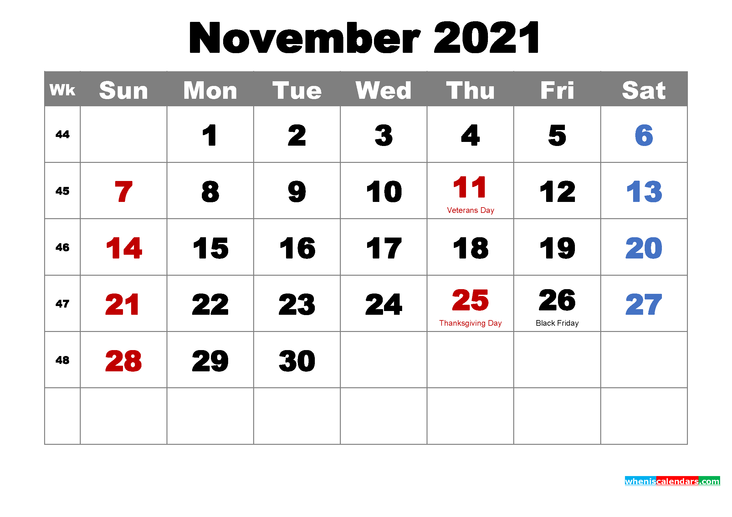 Free November Blank Calendar 2021