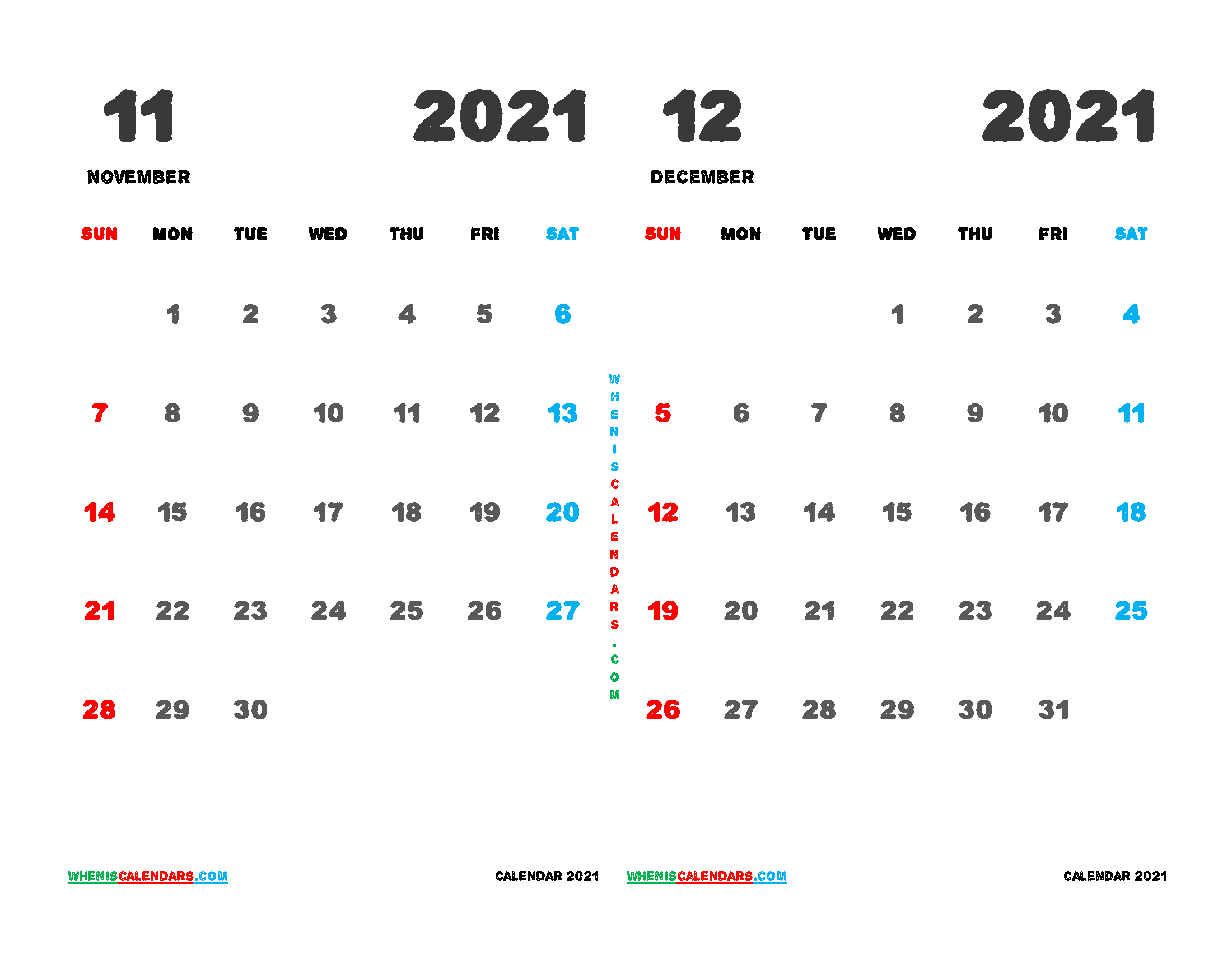November and December 2021 Calendar Printable Free
